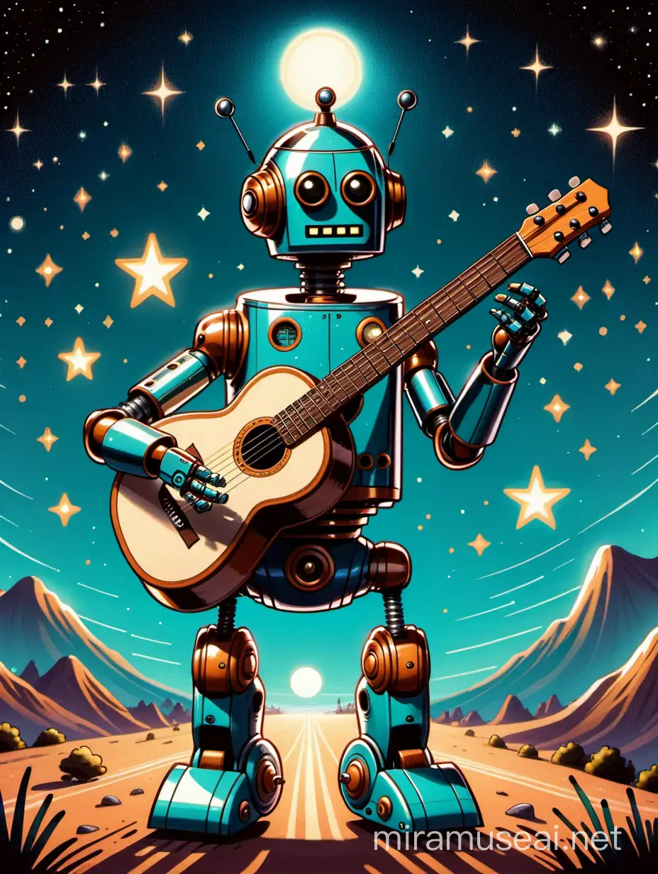 un robot vintage joue de la guitare folk,le robot chante et danse sur une 2cv , il fait nuit , il y a des étoiles,style comic vintage,
