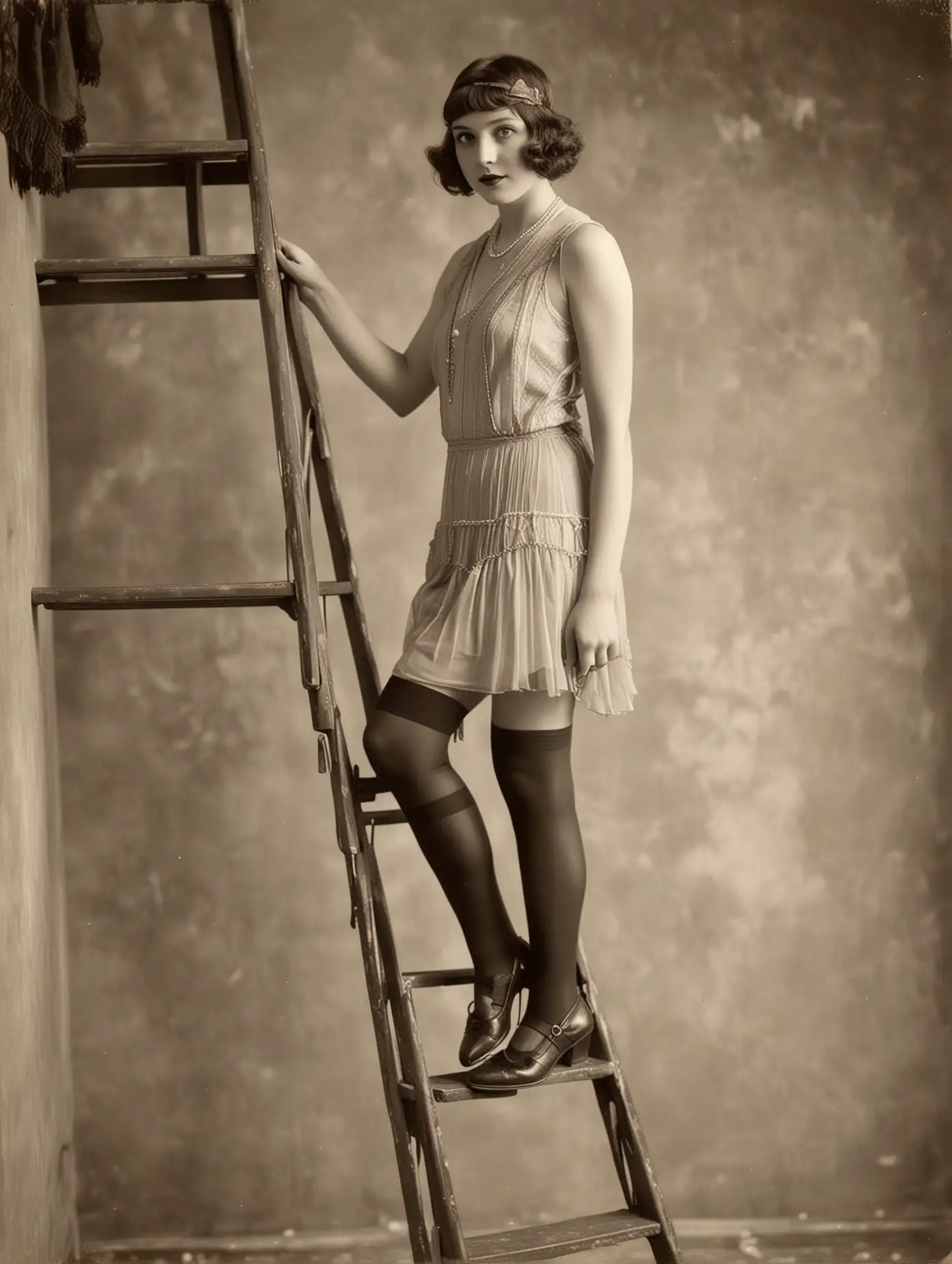 1920s photograph, looking up at a cute flapper girl, she is climbing a step-ladder, she is dressed in nylon stockings and a short shift, sensual, vintage, patina slightly worn