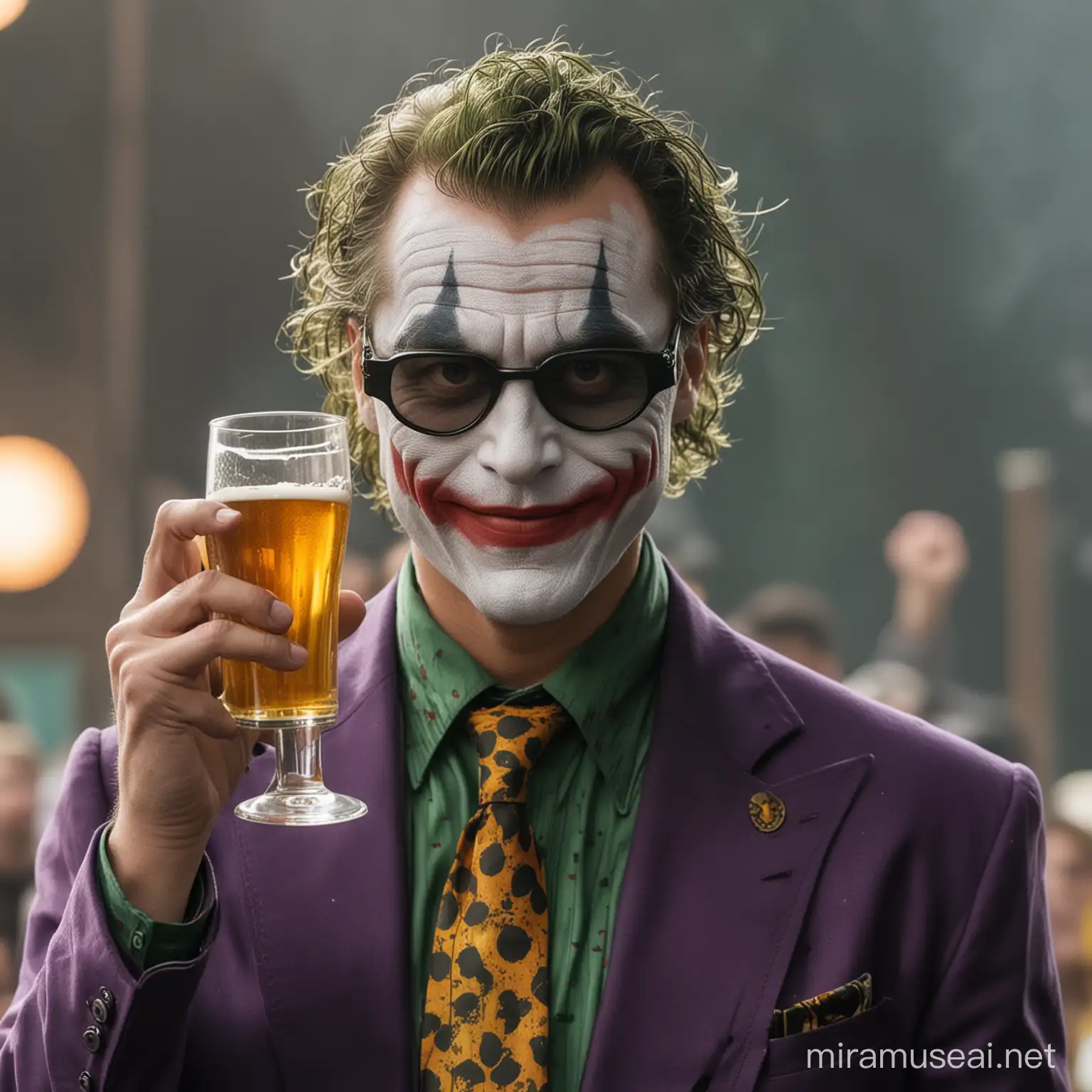 The Joker wearing weird Eclipse glasses and holding a beer