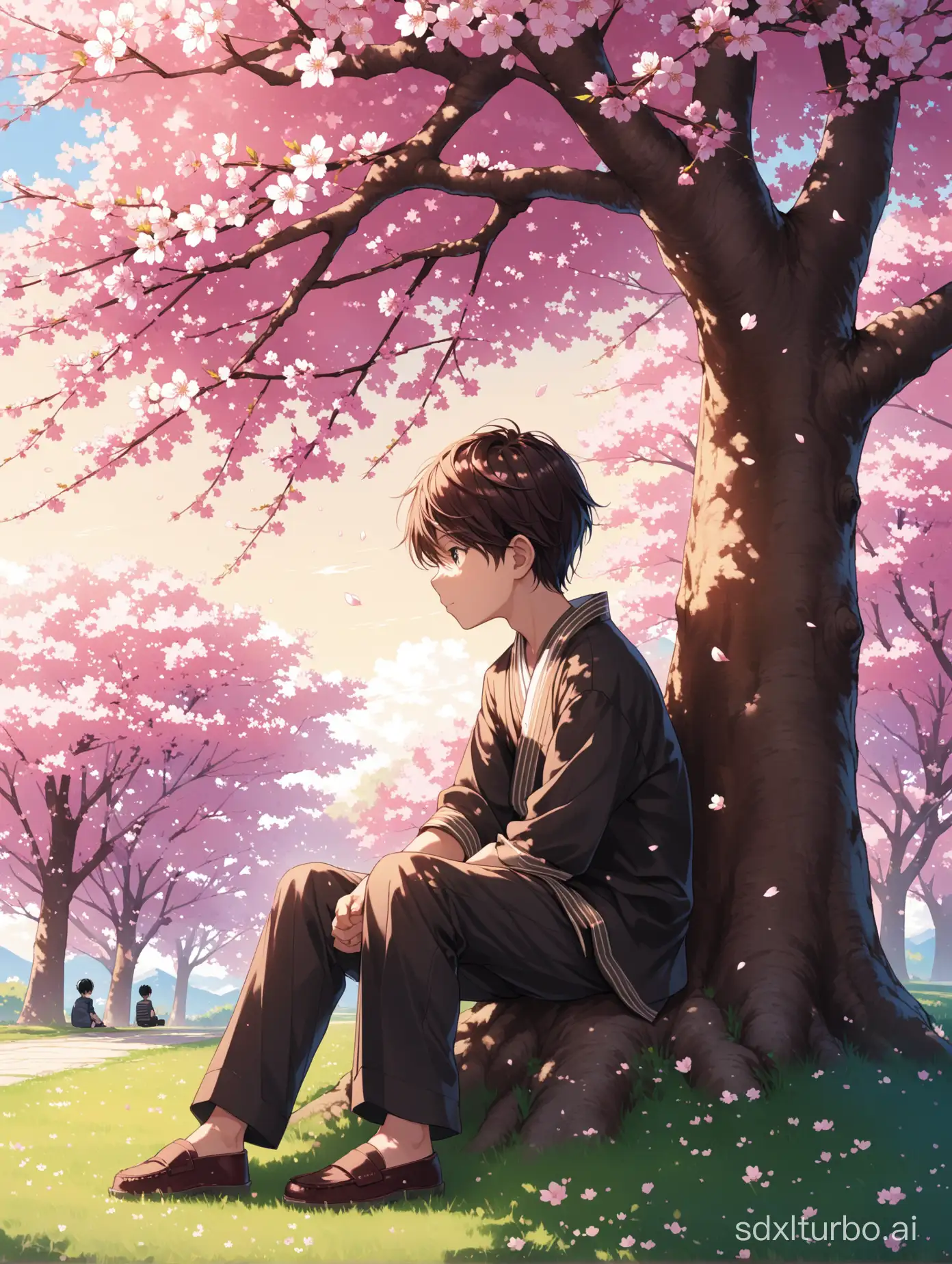 The boy sat under a cherry blossom tree.