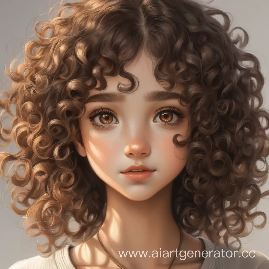 Девушка со светлой коже, кудрявая с коричневыми волосами и карими глазами