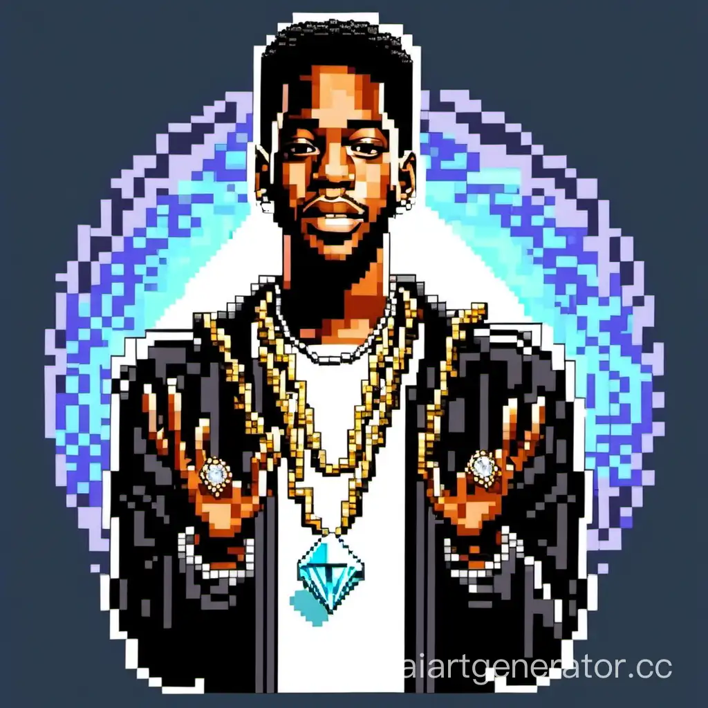 Pixel Art Kid Cudi Holding Blunt and Diamond Chain | AI Art Generator