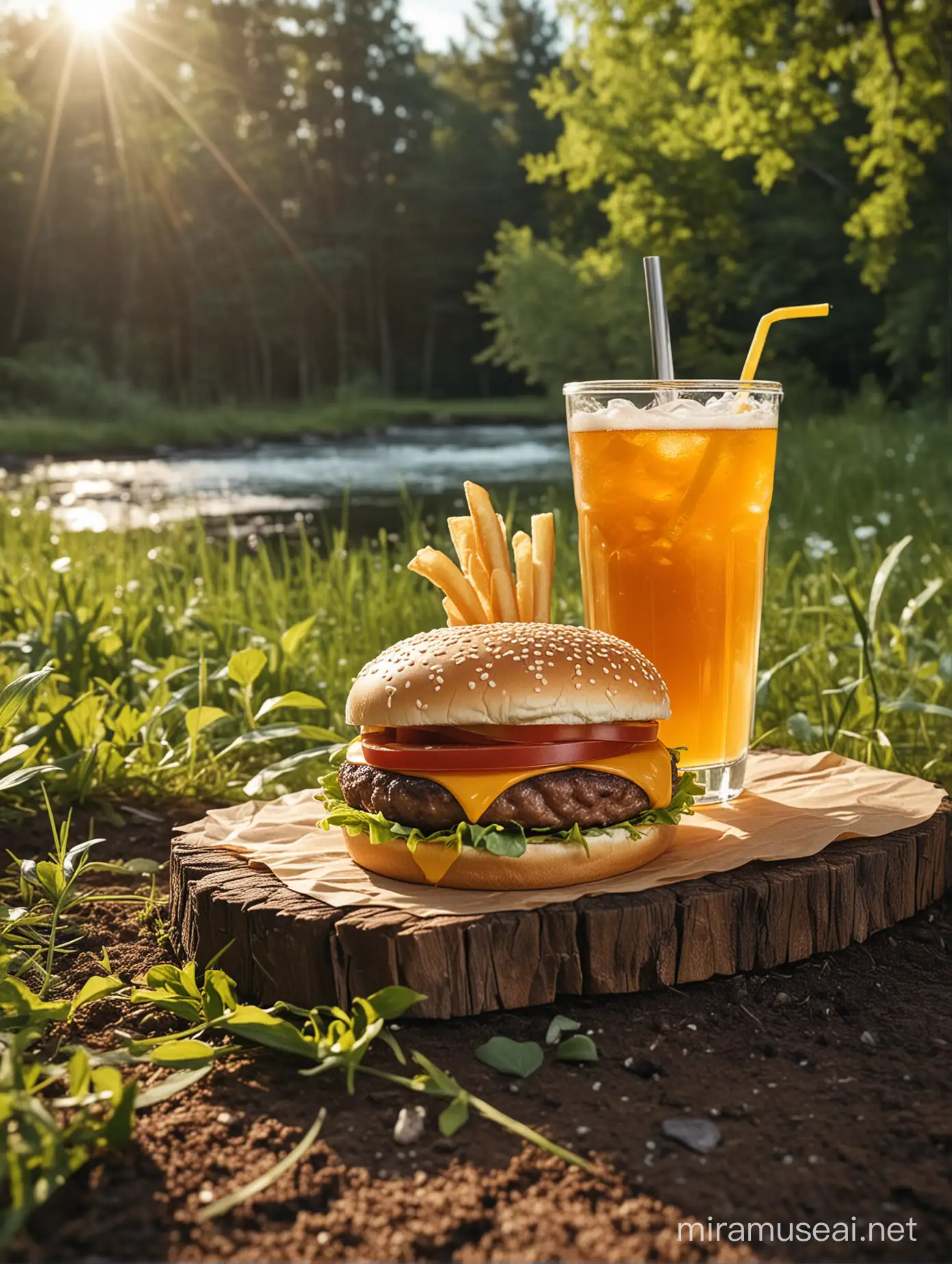 Juicy Hamburger and Refreshing Drink Picnic in Nature