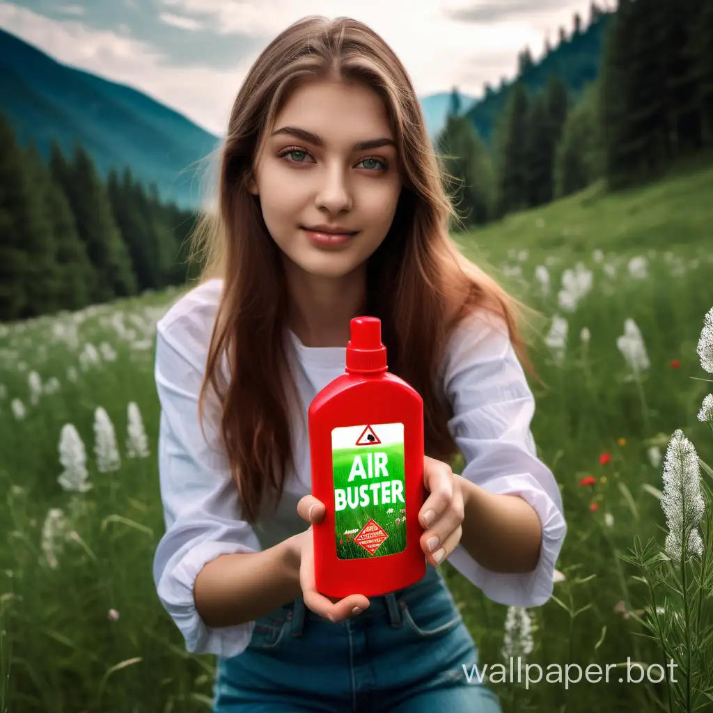 A beautiful girl advertises the air freshener product Trash Buster, a red trigger bottle with the label Trash Buster, scent Alpine Meadow