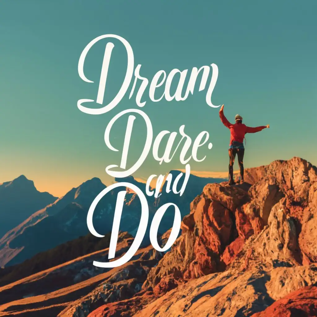 logo, MOUNTAIN CLIMBING , WINNING , ACHIEVING , PUBLIC SPEAKING, with the text "Dream , Dare And DO", typography