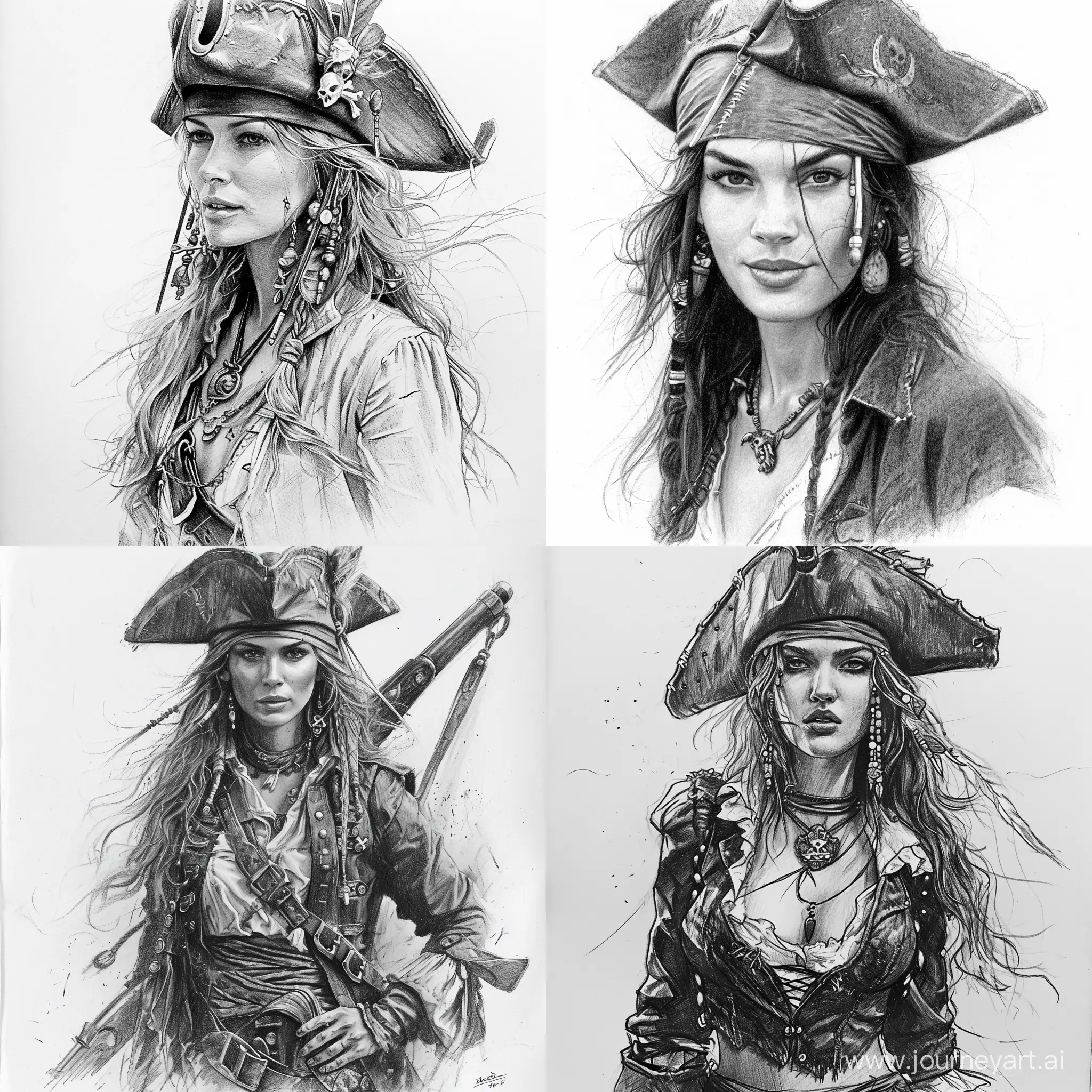 Pirate-Woman-Pencil-Sketch-Intriguing-Black-and-White-Artwork