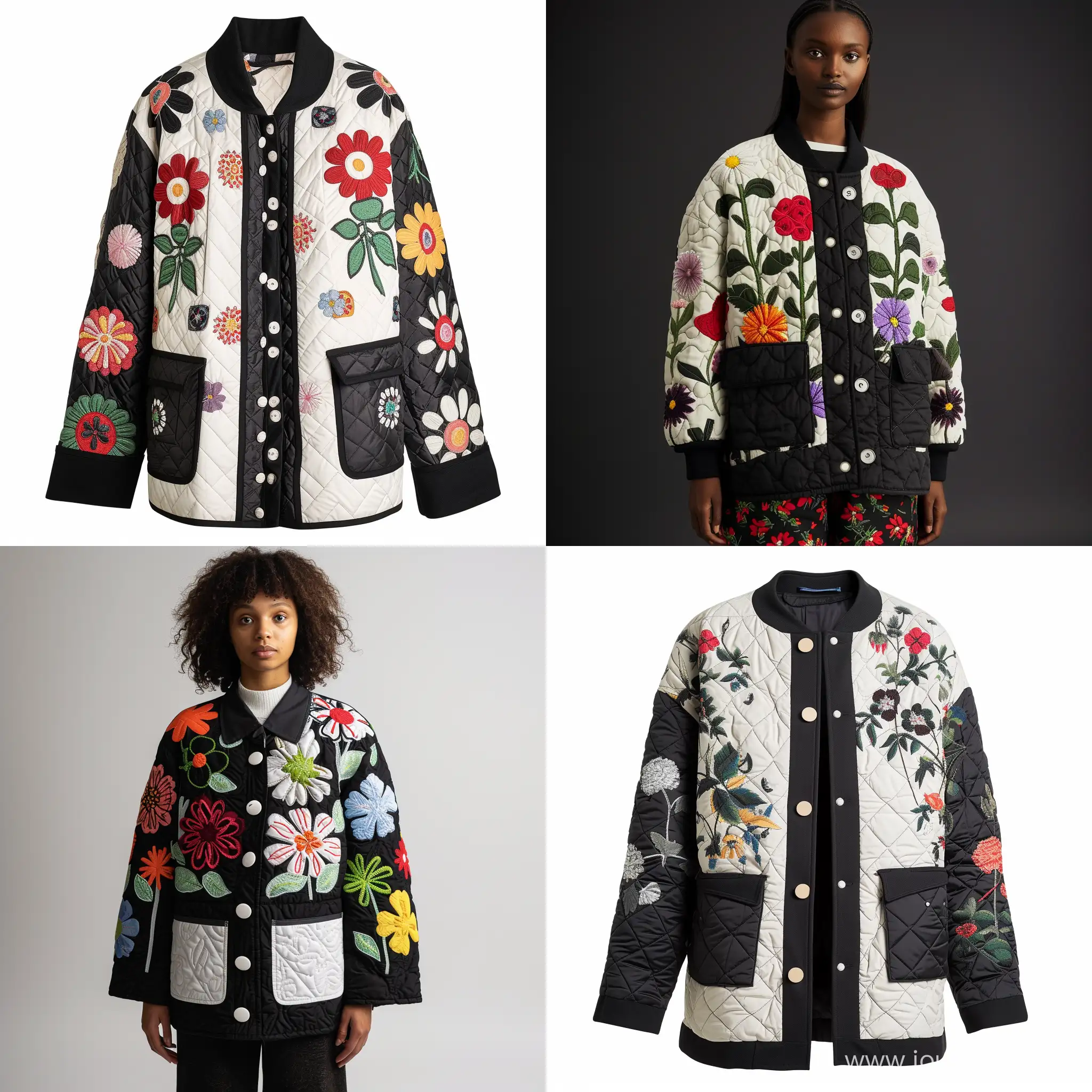 Black and white quilted jacket in an oversized fit with flower print in different colors, two big pockets and buttons down the front, made for women in Scandinavia