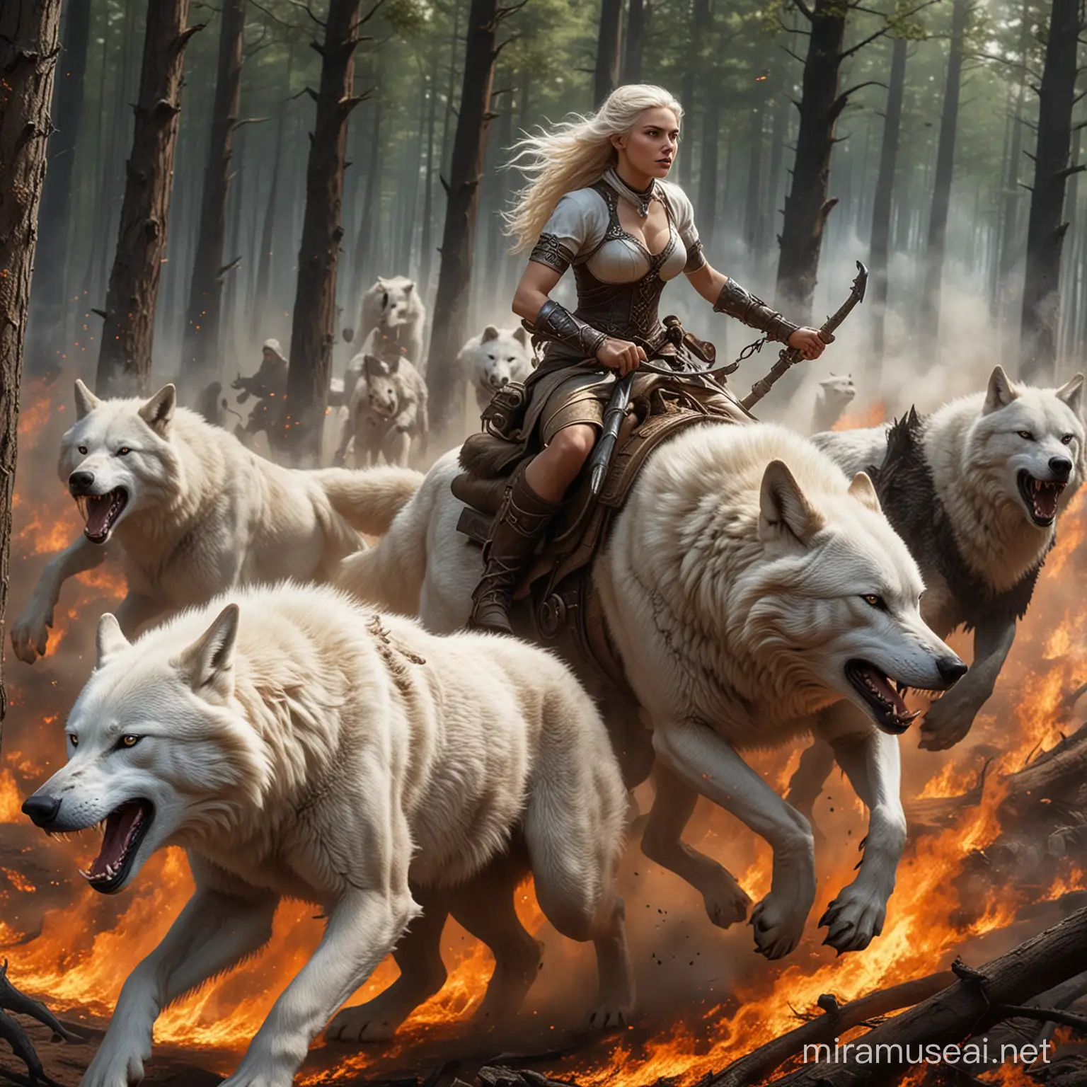A lady on riding a large white wolf  with speed,  running away from 2 black werewolves angrly  in pursue of her(environment should be a forest burning with fires as if there were war) 