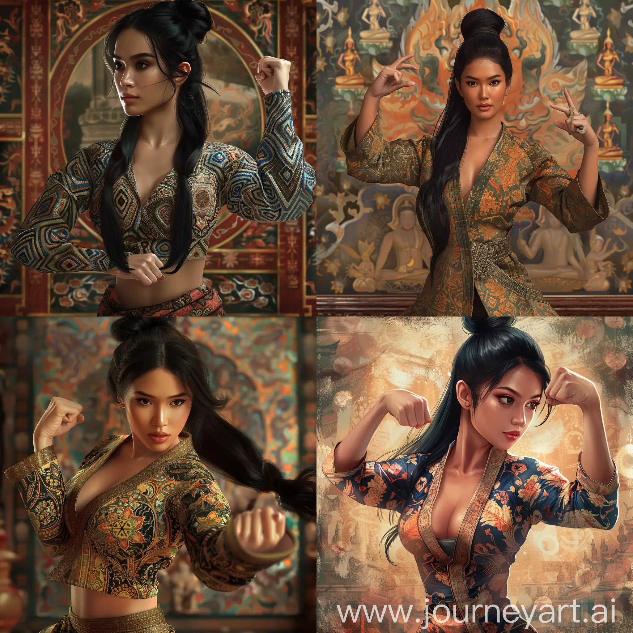 create a realistic picture of a  beautiful Indonesian  woman, little fat body wearing a royal-style half-breasted batik patterned kemben, long black hair with a bun, performing martial art moves, borobudur background