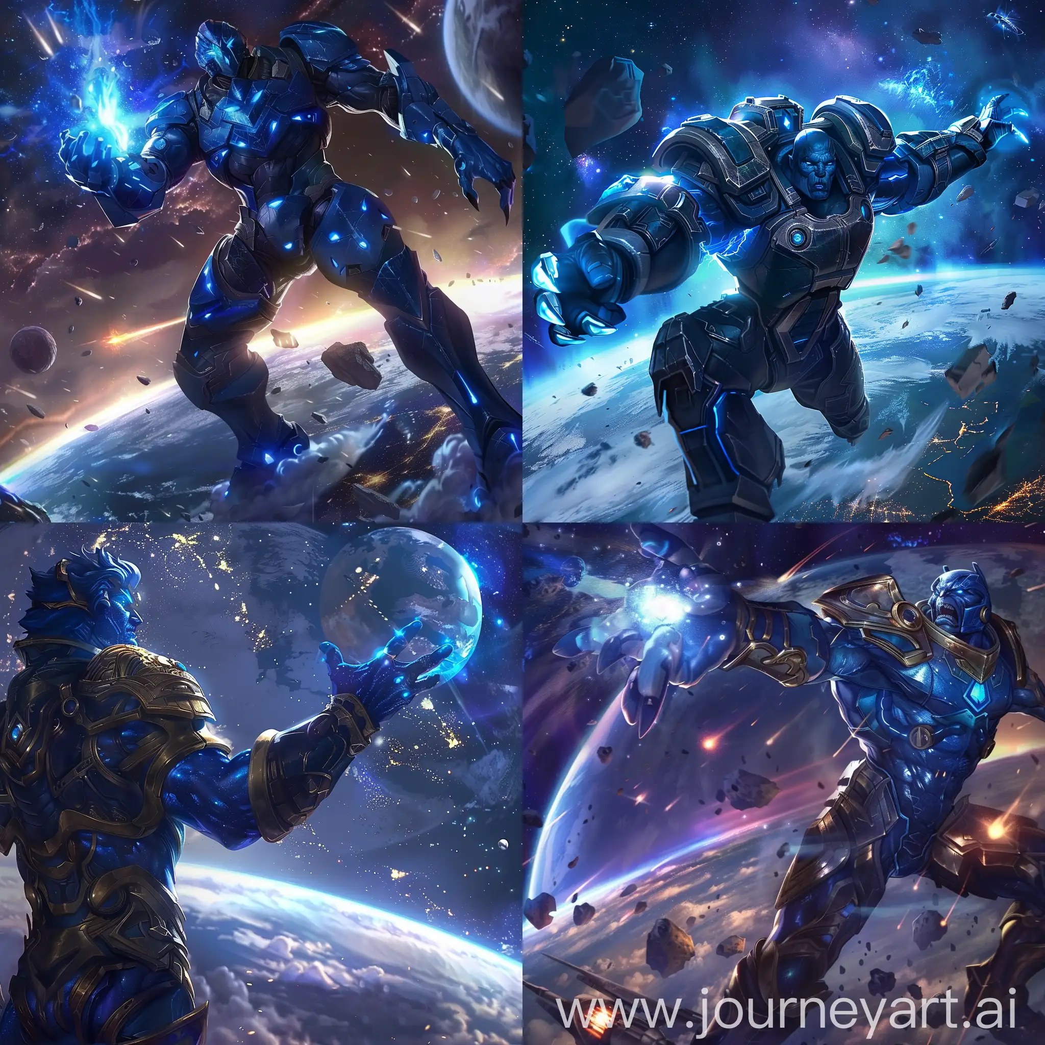  garen league of legends character defending the earth from space in blue skin