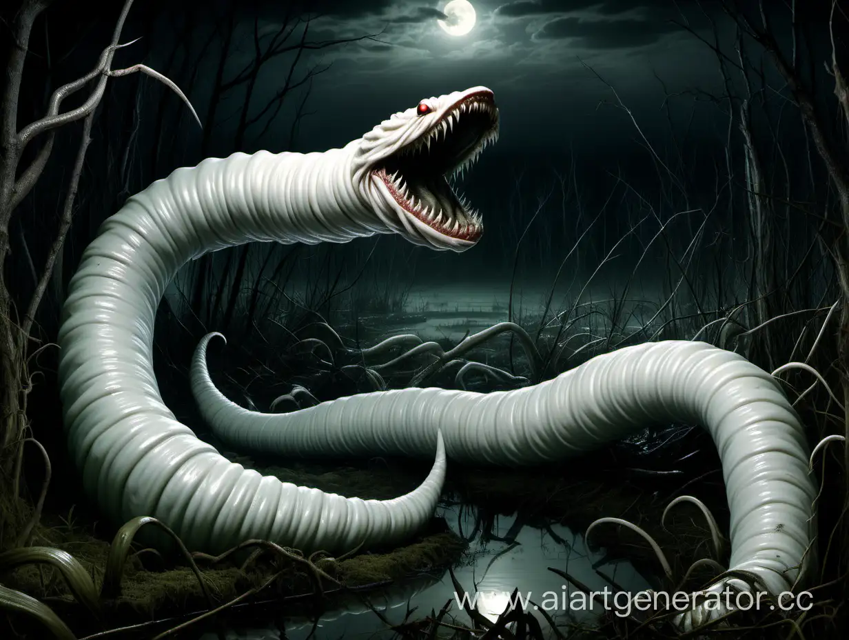 grotesque giant white worm with jaws, swamp, night