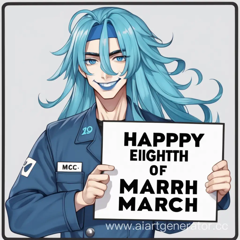 Милый парень в рабочей форме слесаря, с длинными синими волосами и синими губами держит табличку с надписью "Happy Eighth of March 