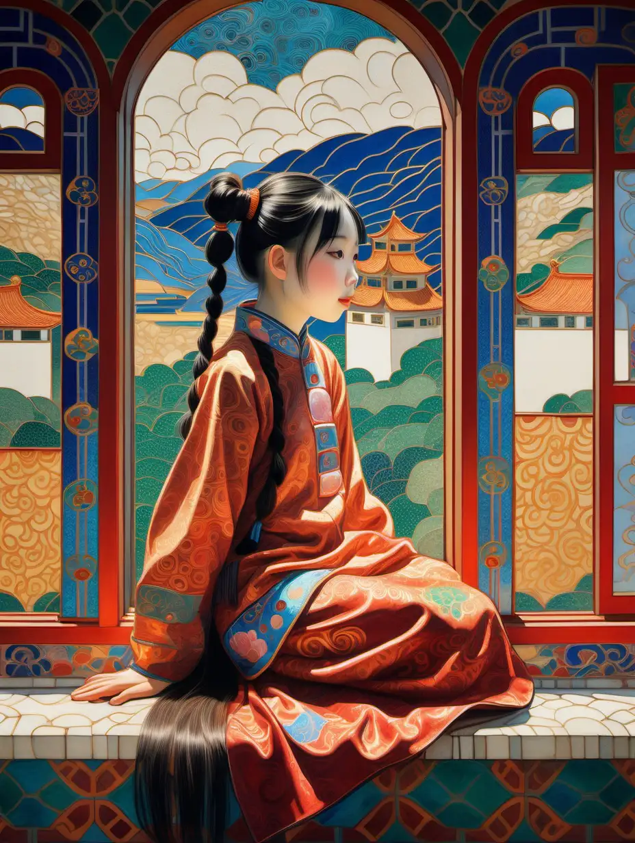 N artwork of a chinese girl in an vintage castle by person, pigtails, happy, sitting beside the window, looking outside, in the style of colorful dreams, cloisonnism, bold pattern, calm and serene beauty, romantic whimsy, flowing fabrics, minimalism, by Gustav Klimt