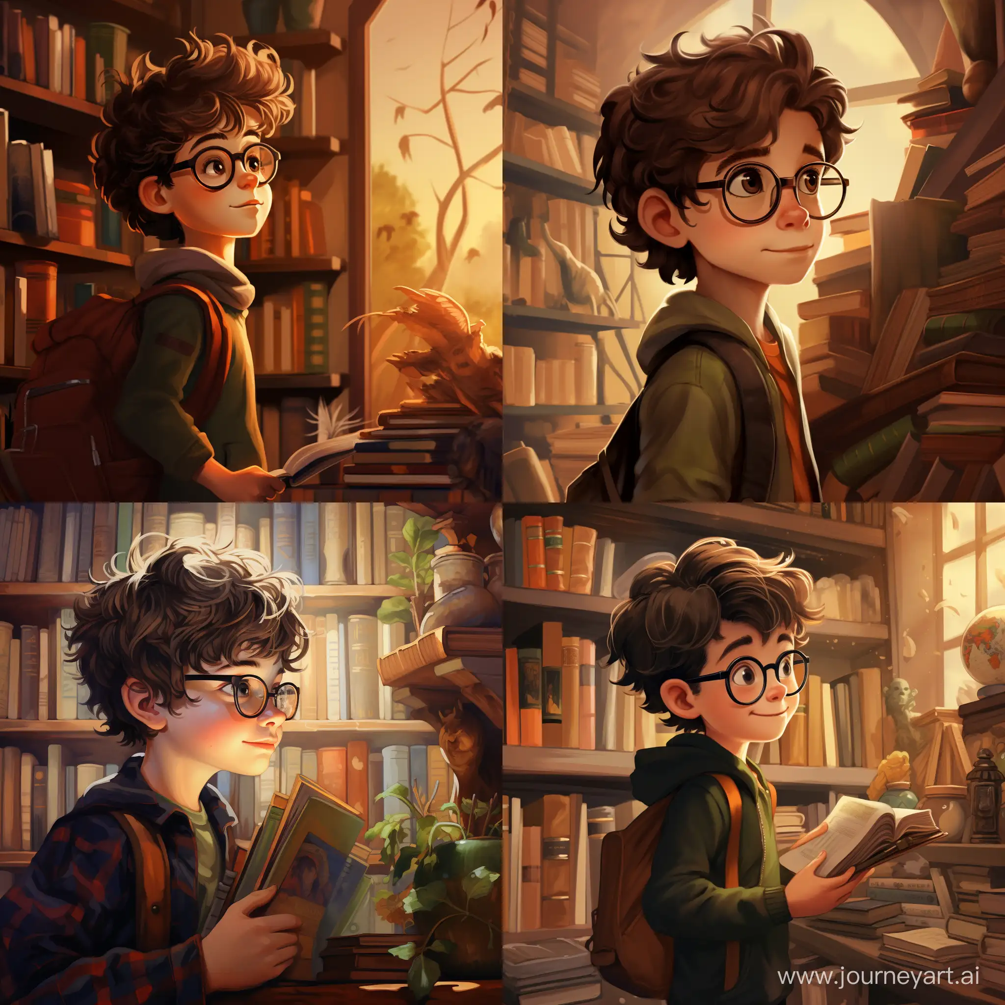 boy with brown hair and glasses looking on a shelf full of books