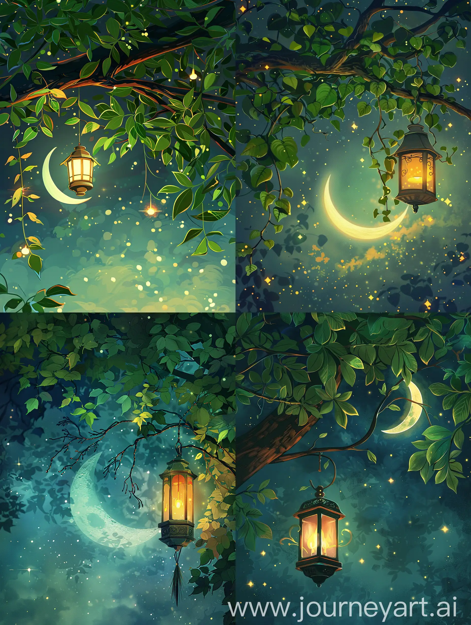 A lantern hanging on a tree branch, its green leaves glow and shine, a crescent moon and stars. Anime style