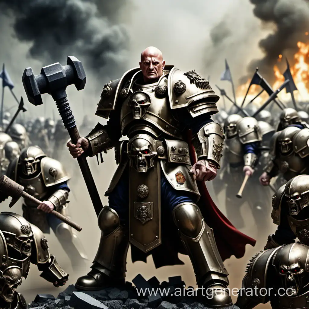 Евгений Пригожин с кувалдой в руках, примарх ЧВК Вагнер, со своим легионом в битве, вархаммер