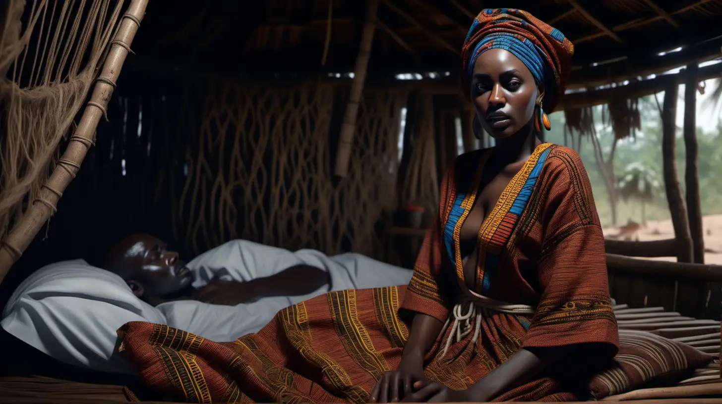 A hyper realistic raw shot, Zara standing by Malik laying sick in bed in hut, poor quality african clothing in keeping with african folklore, front view, 8k image,  beautiful and intricate and insanely detailed octane rendering,