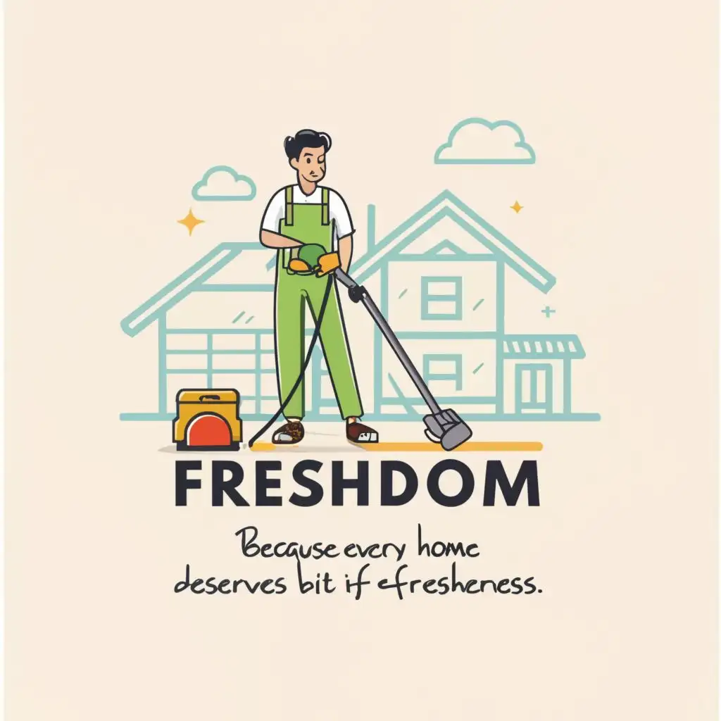 logo, Cleaner with vacuum cleaner. And slogan is "Because every home deserves a bit of freshness.", with the text "FreshDom", typography