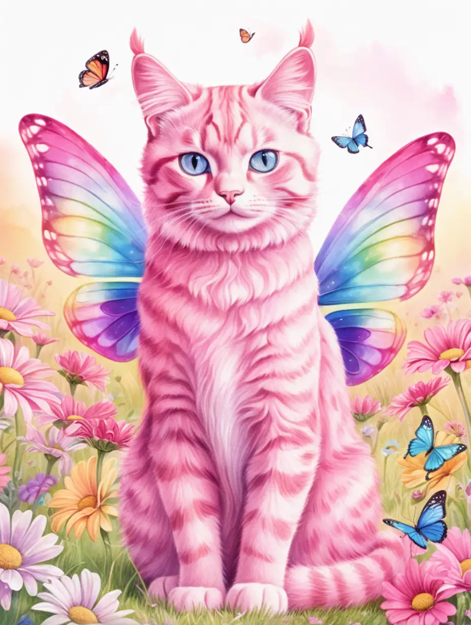 Fantasy Pink Cat with Rainbow Butterfly Wings in Flower Field Watercolor Illustration