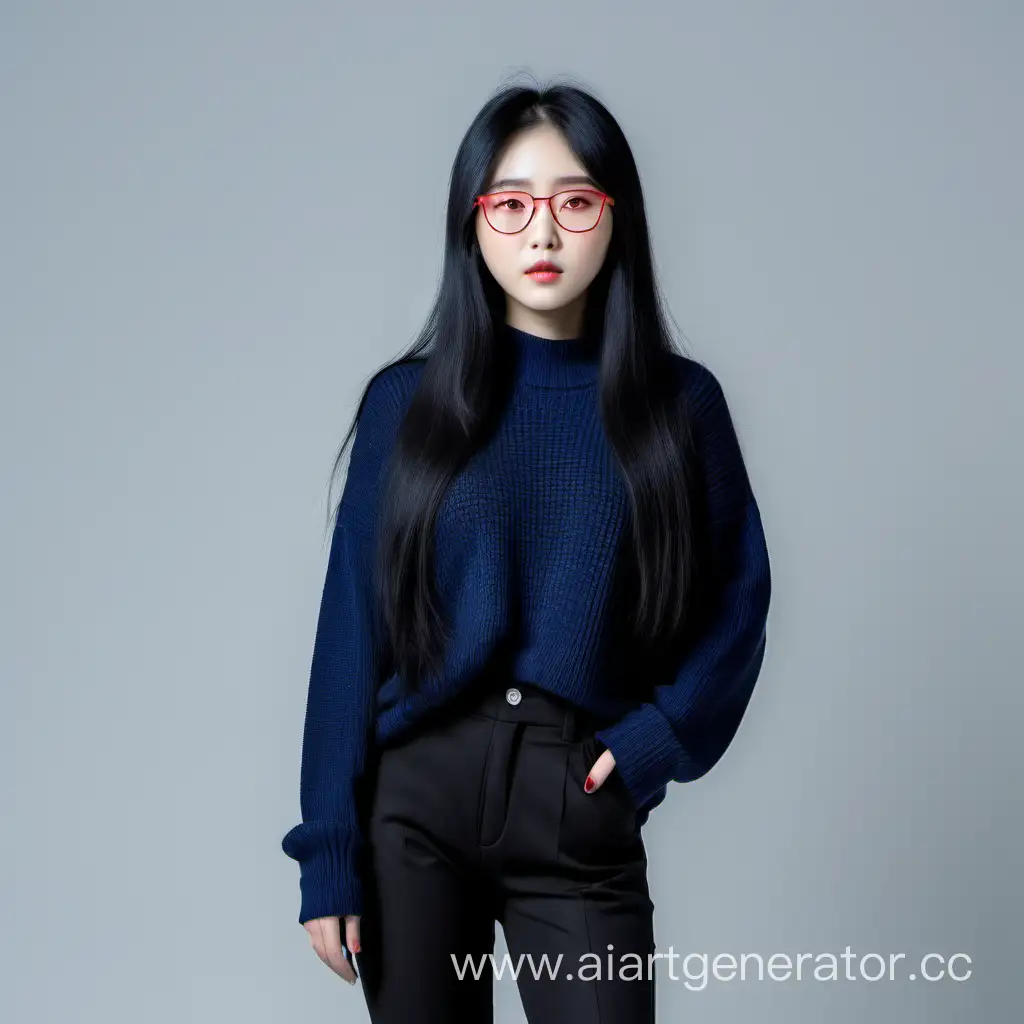 Korean girl in red glasses with long black hair, in a black sweater and black pants. With dark blue eyes.