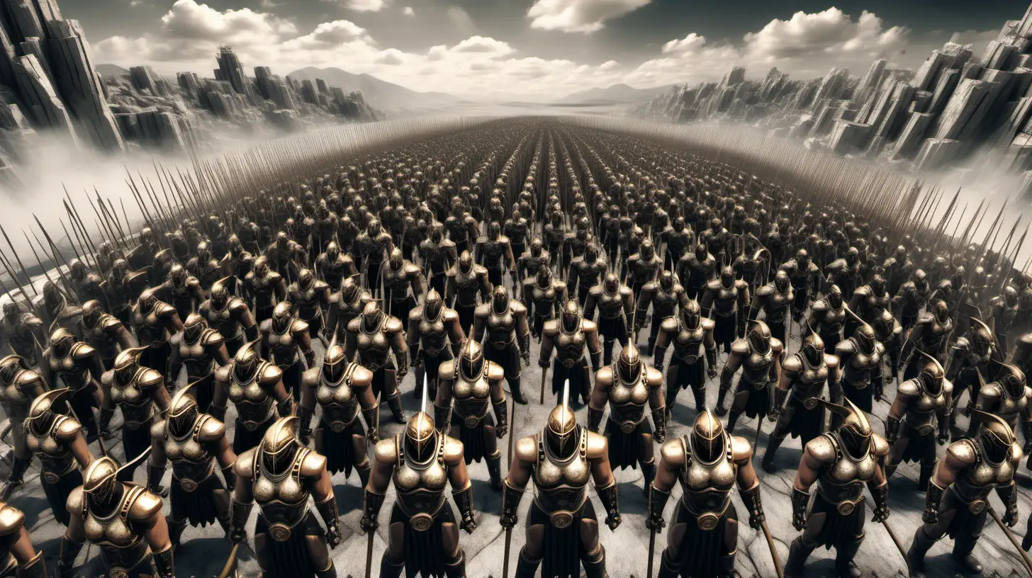 very large group of steampunk spartans with spears. gold, black, and white marble heavy metal armor. very muscular. very broad shoulders.some male and some female. very intricately and microscopically detailed. landscape view steampunk environment. 100,000 army. zoom out. sky view. aerial view. background full of people. 