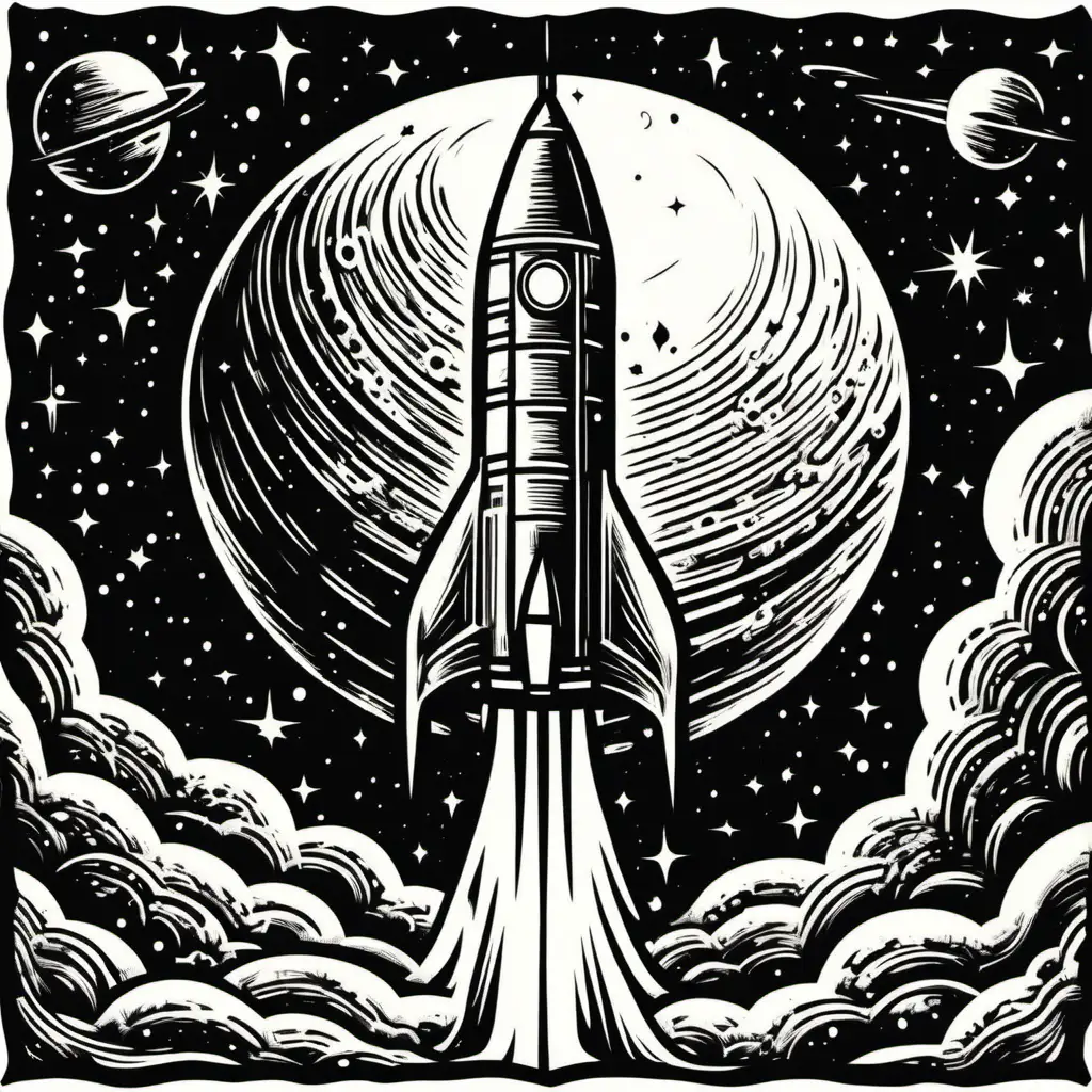 a black and white woodcut of a rocketship in outer space