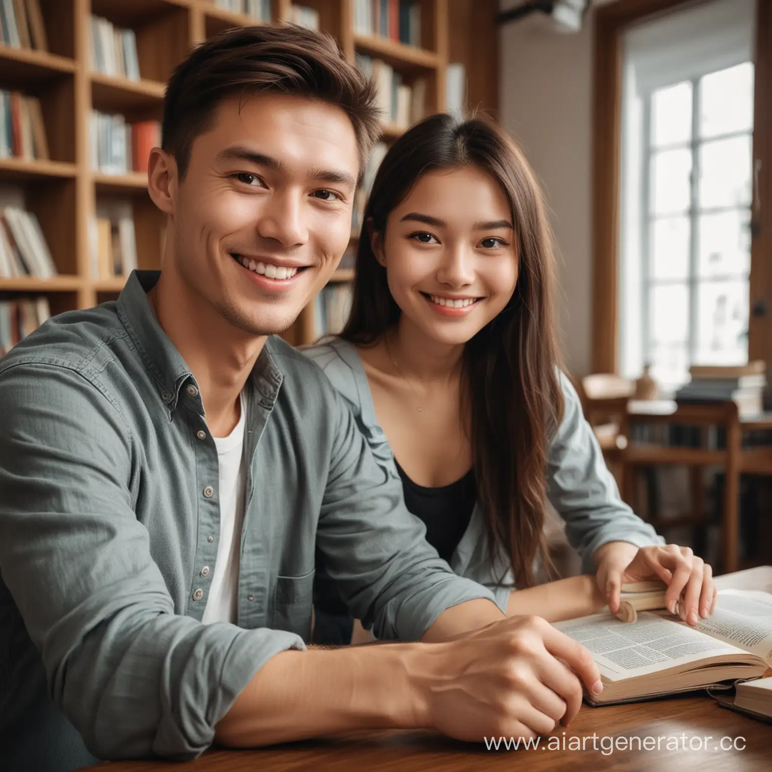 китайская девушка и русский парень улыбаются, читают книги в современной хорошо освещенной библиотеке, сидя за столом
