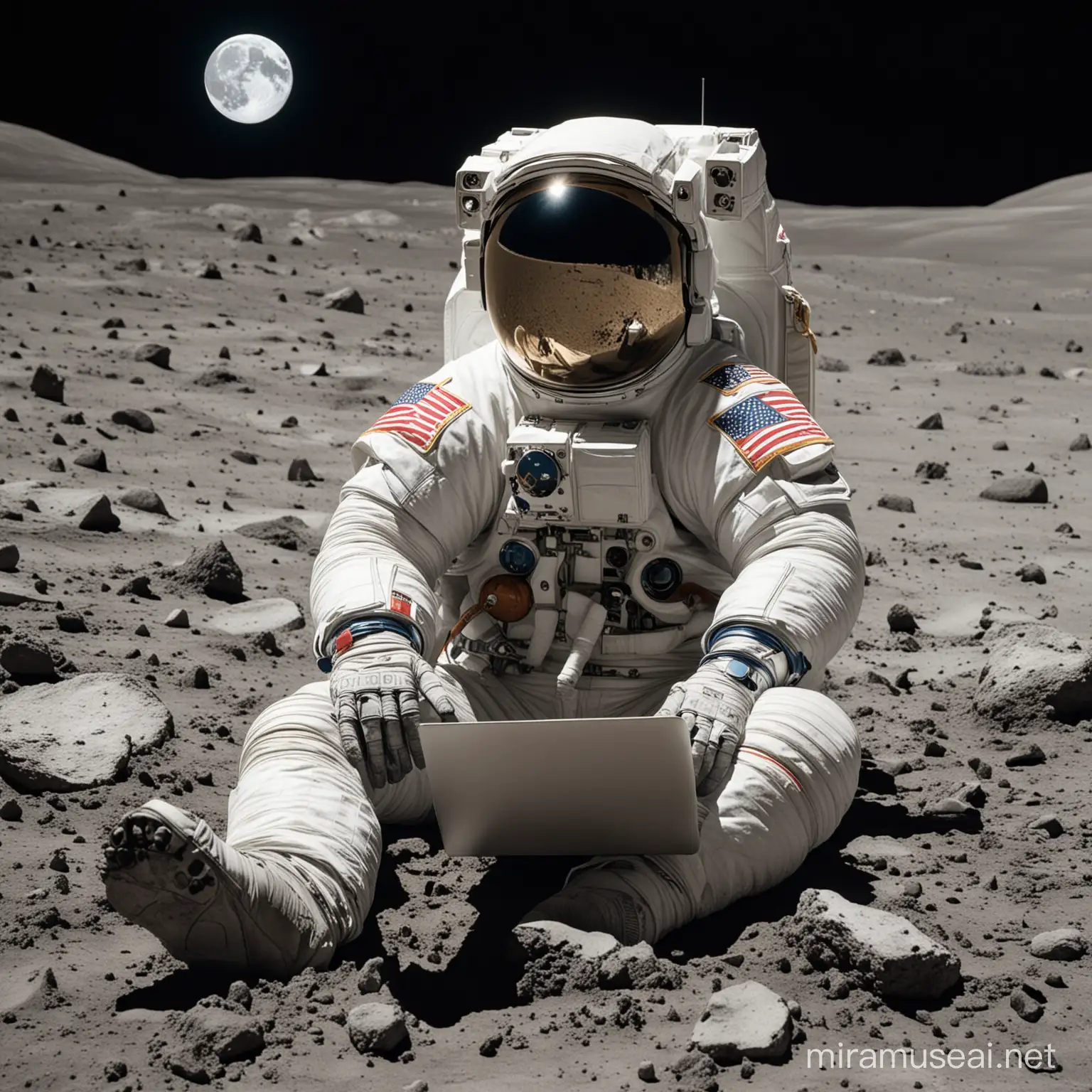An astronaut in a spacesuit sits on the moon with a laptop
