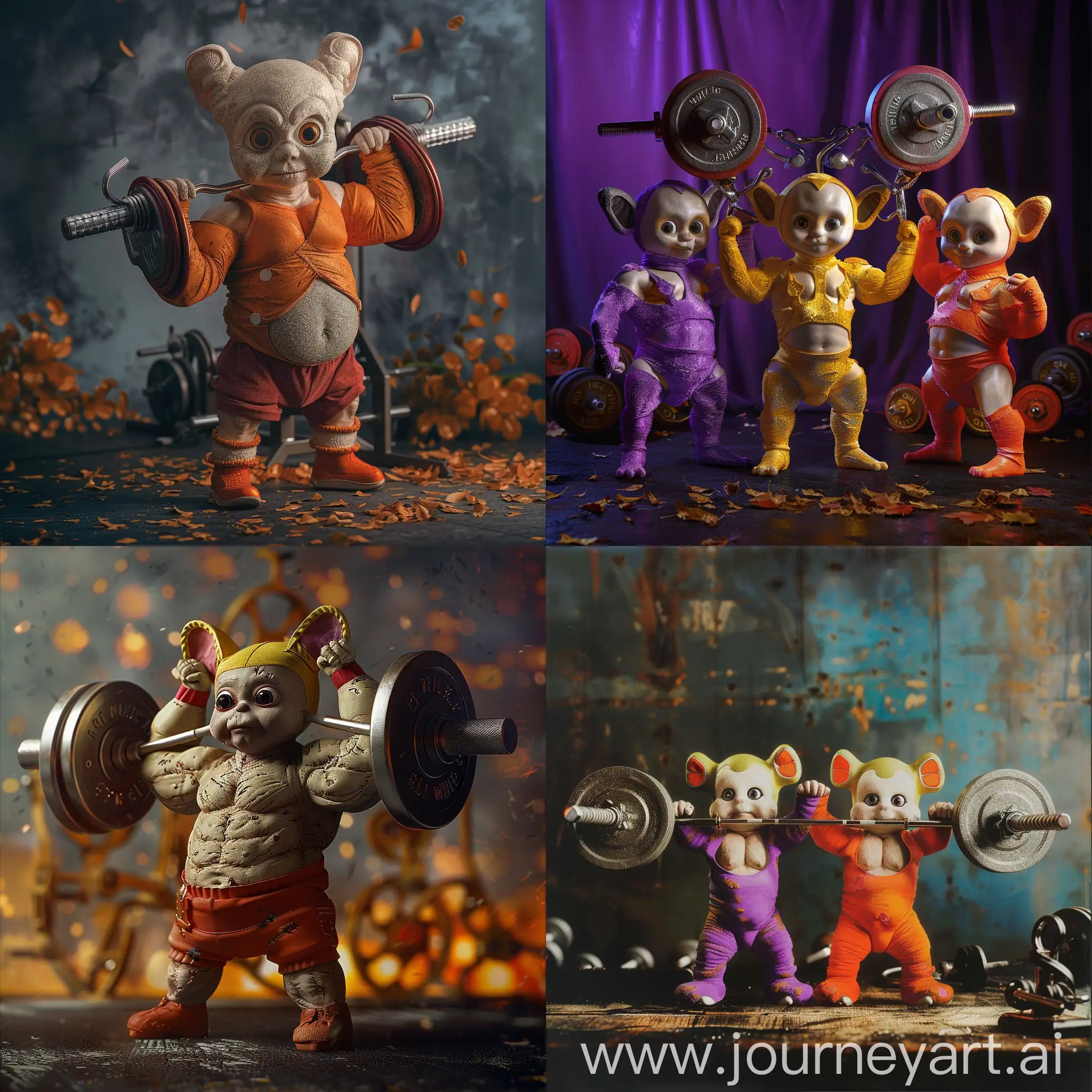 Teletubbies as powerlifters, teletubbies as bodybuilders, brutally, evil, strong, professional photo, ultra realism, cinematic light