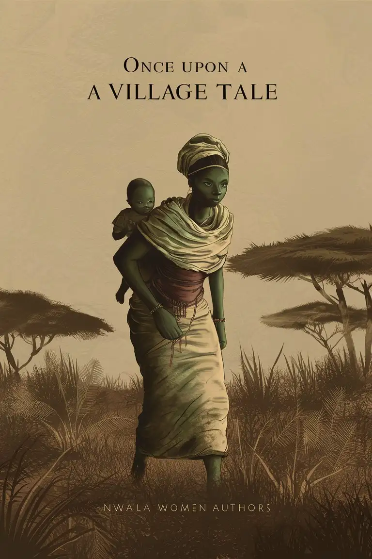 minimalistic book cover, African mythology and folklore, African woman with a baby on her back, title "Once Upon A Village Tale" by "Nwala Women Authors"