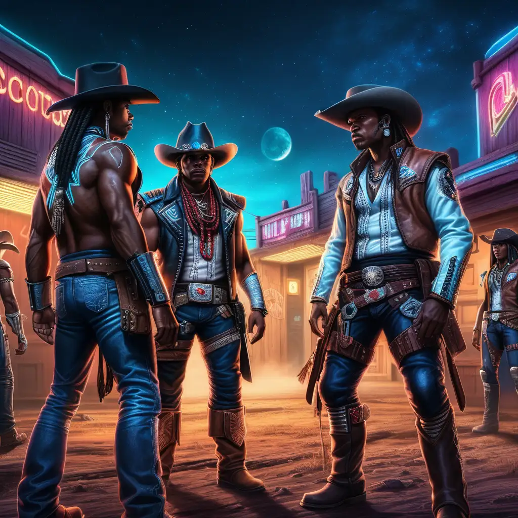 Create spaceage cyberpunk fantasy style image of 3 black indigenous cowboys, having a showdown with another gang , space age wild west town setting at night