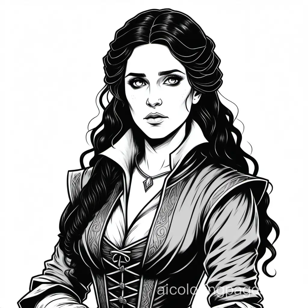 Yennefer sad, Coloring Page, black and white, line art, white background, Simplicity, Ample White Space. The background of the coloring page is plain white to make it easy for young children to color within the lines. The outlines of all the subjects are easy to distinguish, making it simple for kids to color without too much difficulty