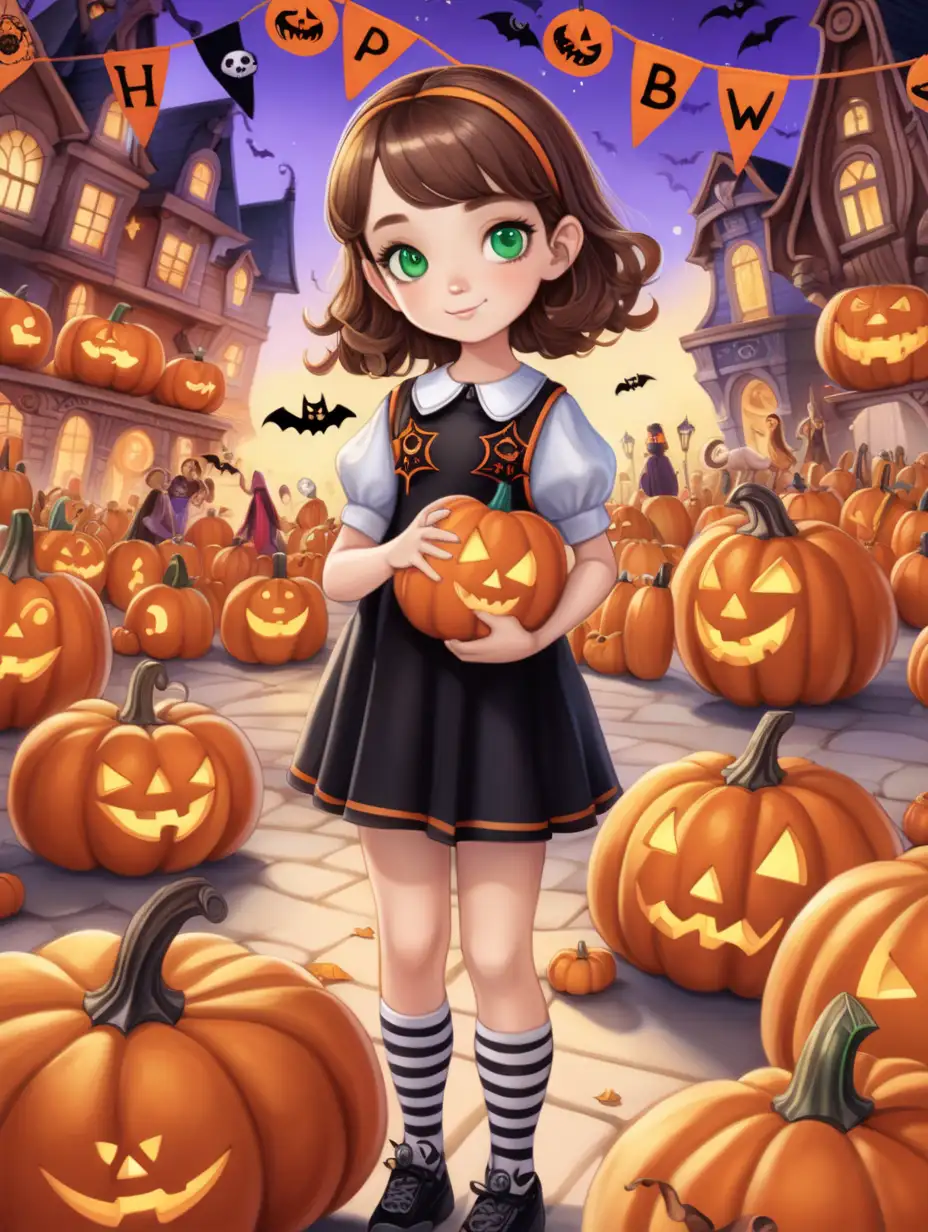 Enchanting Halloween Celebration Adorable Girl amid Festive Pumpkins and Signs