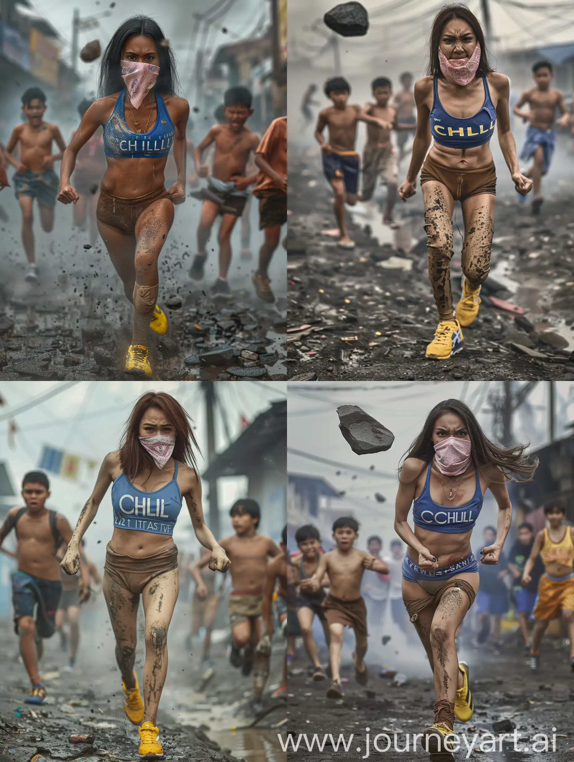 A beautiful angry woman 22 years old from west jakarta wearing dirty blue gym women's labeled "CHILL", yellow onitsuka tiger shoes, brown dirty panties, light rose bandana to cover her nose and mouth, with dynamic movement, run away from flying a rock in a dirty of the tangerang town street with other boys riots in the background, Award Winning, Sony A7SIII, 4k, f/2.0, sharp focus, bokeh, photo was taken from a distance, at dark night, no lightning, foggy, after heavy rain, a realistic composition of light and shadow, without tattoos, her eyes focus on camera, Best quality, masterpiece, ultra high res, (photorealistic)
