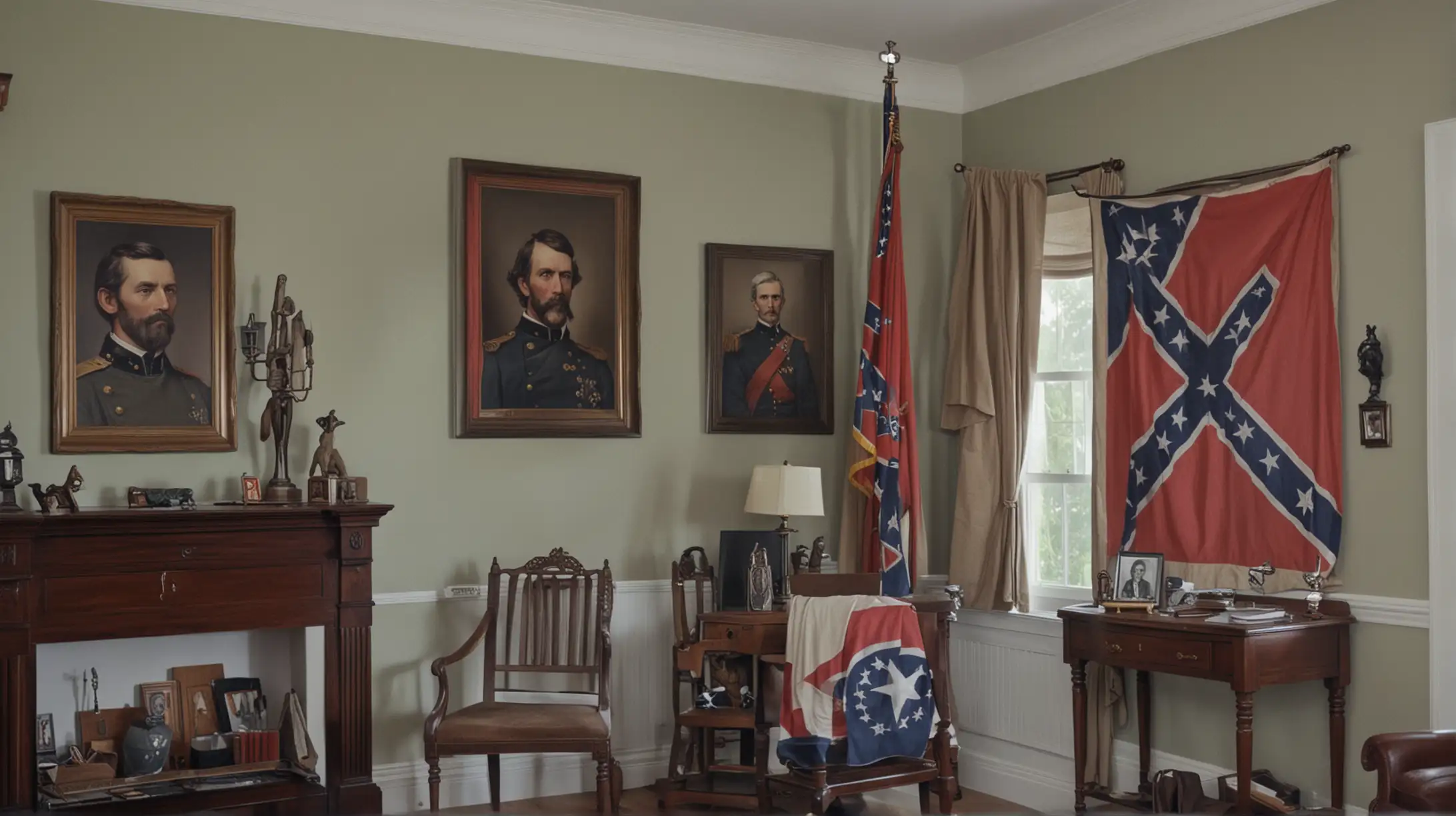 A medium shot of a room with a painting of a Confederate general and other Confederate memorabilia in a nice suburban house.