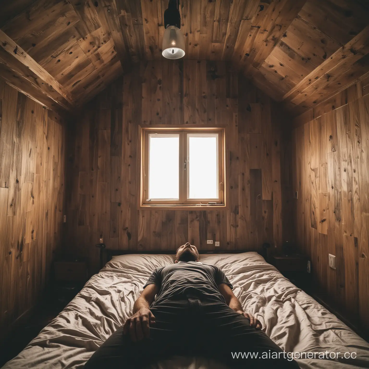Мужчина 25  лет заходит в деревянную комнату и видит бородатого мужика 40 лет, который лежит на кровати. Атмосфера в комнате мрачная 