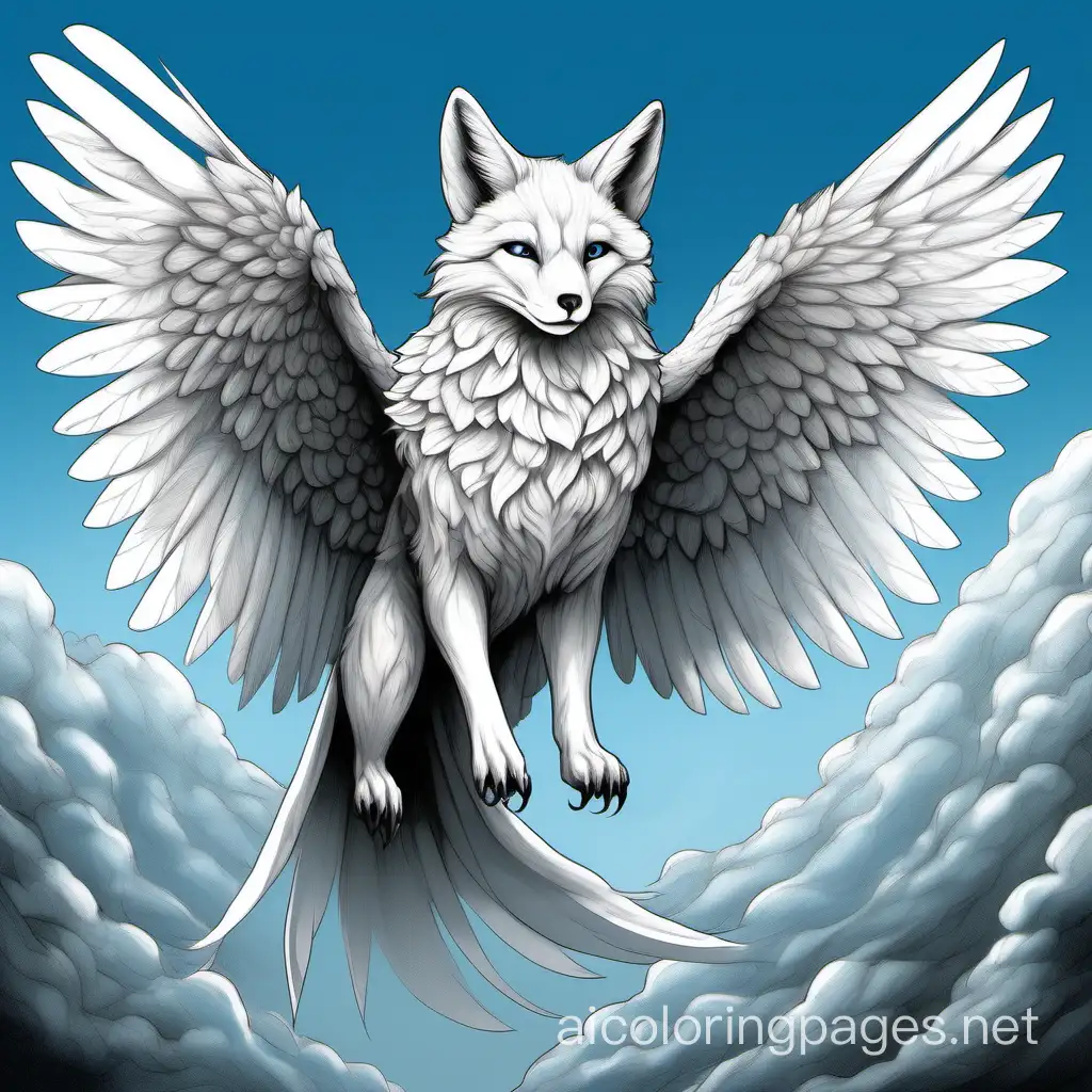 Create a digital painting of a fantastical creature that is a blend of a white fox and a bird of prey, with the body and head of a fox and wide-spread wings of a falcon. The creature is perched in an intimate interaction with the viewer, caught in a moment of balance or about to take flight. The art style features fluid brushstrokes that add movement to the fur and feathers, with a color palette of whites, soft grays, and dramatic black tips on the wings. The viewer's perspective is slightly upward, focusing on the underside of the creature and its wings against a serene blue sky background. The creature's posture is relaxed yet alert, conveying a gentle intelligence and a sense of grace and nobility. The image evokes fantasy and wonder, suggesting a narrative of trust and affinity with this magical being, Coloring Page, black and white, line art, white background, Simplicity, Ample White Space. The background of the coloring page is plain white to make it easy for young children to color within the lines. The outlines of all the subjects are easy to distinguish, making it simple for kids to color without too much difficulty