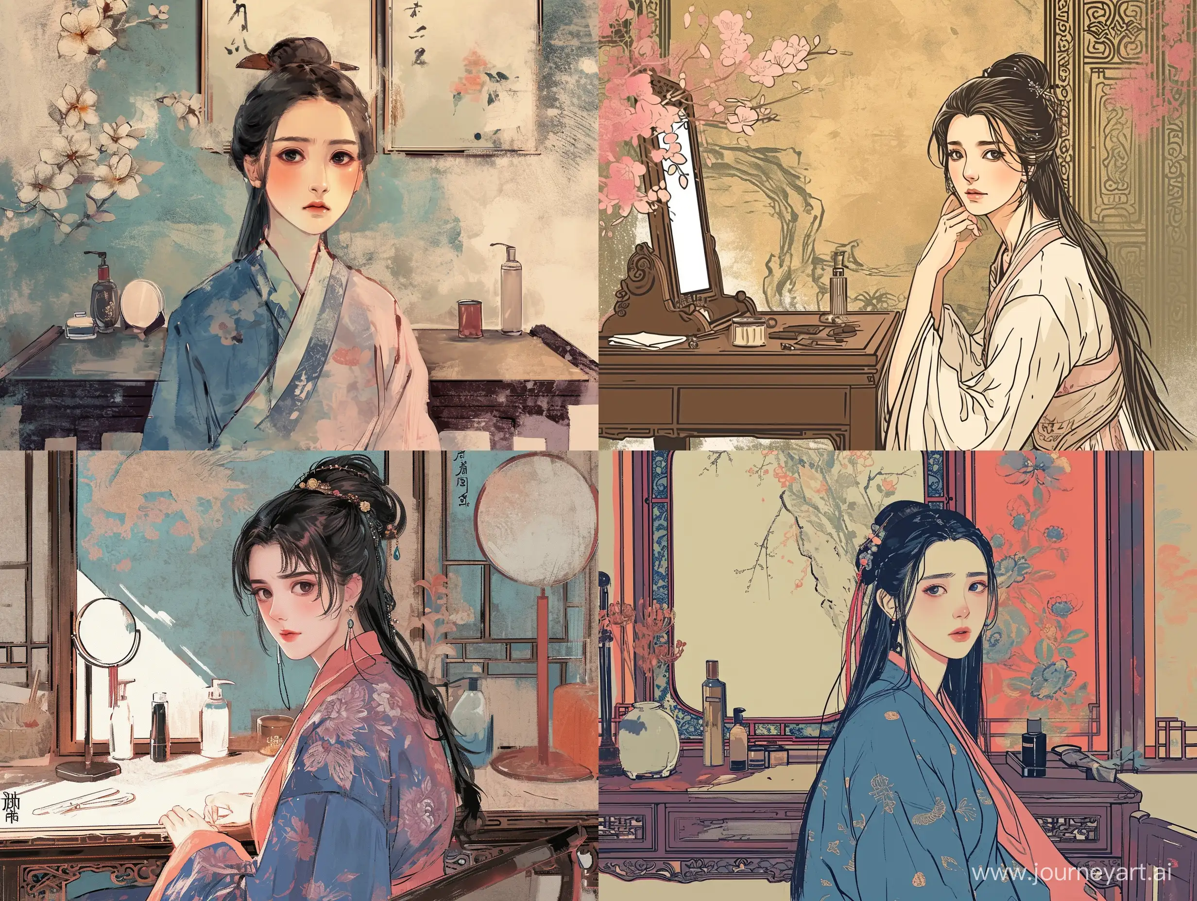 一个美女坐在梳妆台前，面容发愁，彩色中国风，水墨画风格，二次元漫画，高清，高级感，大师之作，古代，东方美学。