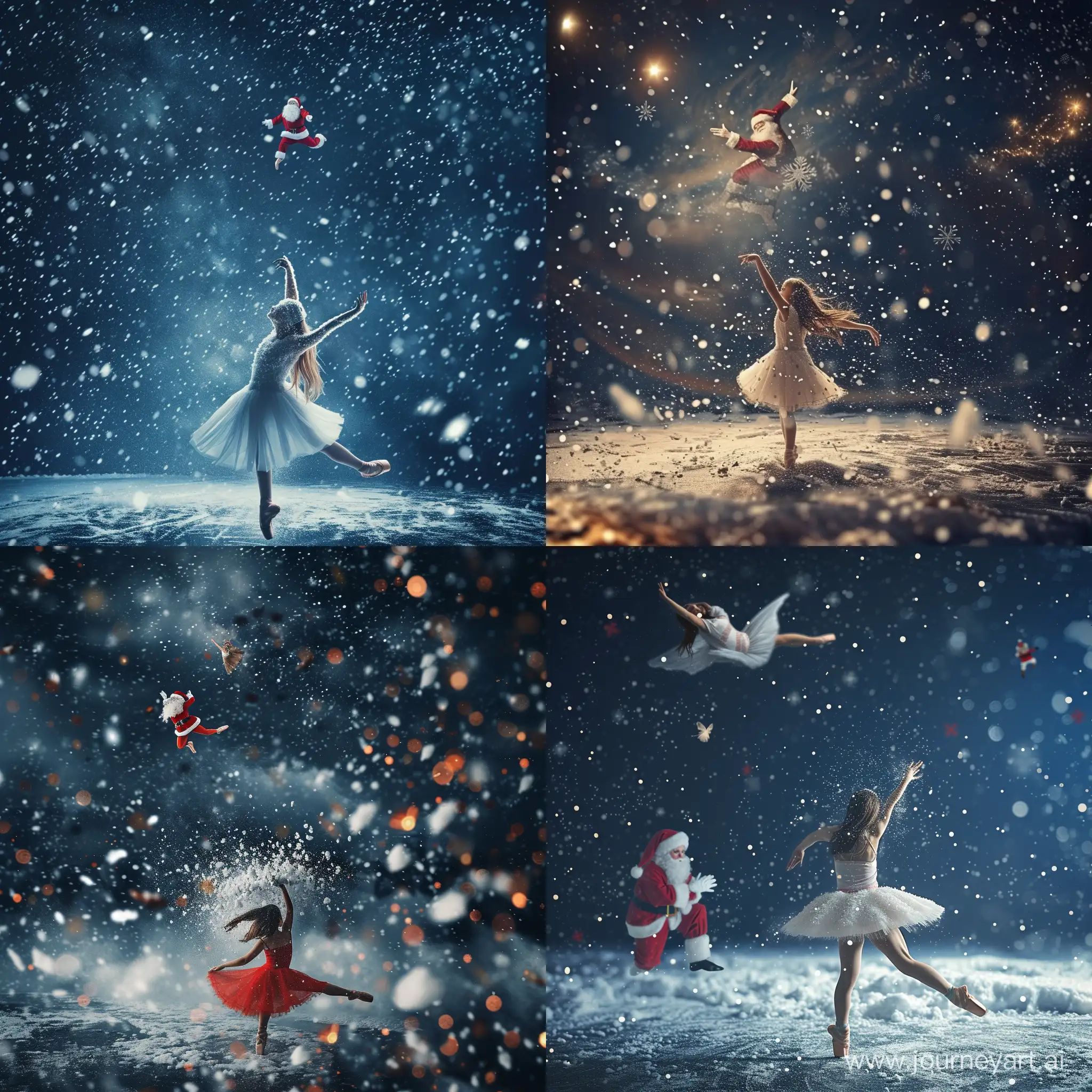 A girl dances ballet in the middle of falling snow, with snow covering parts of her and Santa Claus flying above her on a dark night illuminated by starlight.
