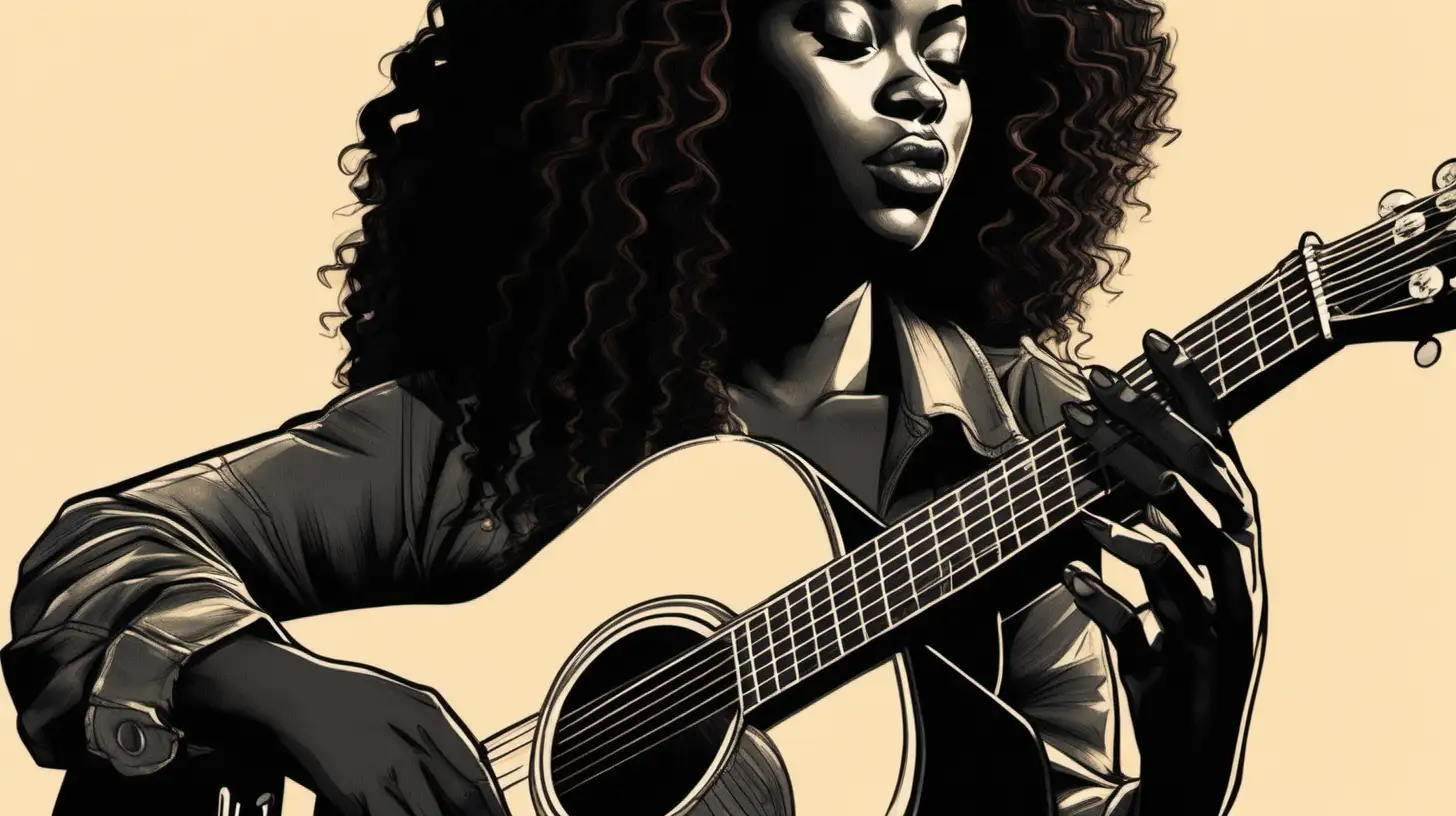 An illustration of close up shot of a Black female playing the acoustic guitar, it should only show the guitar against their torso, do not show their face AT ALL