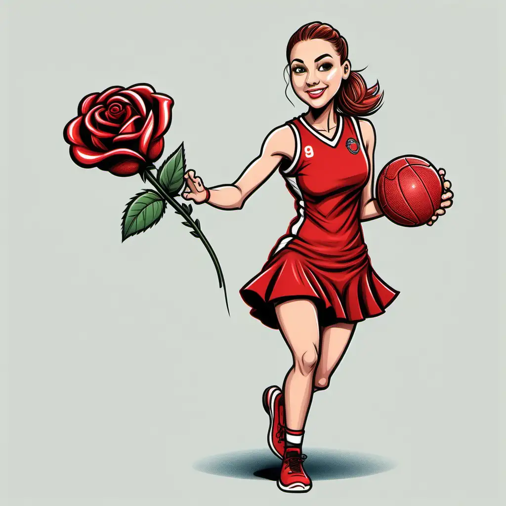 Cartoon Drawing Cheerful Netballer in Red Dress with Roses