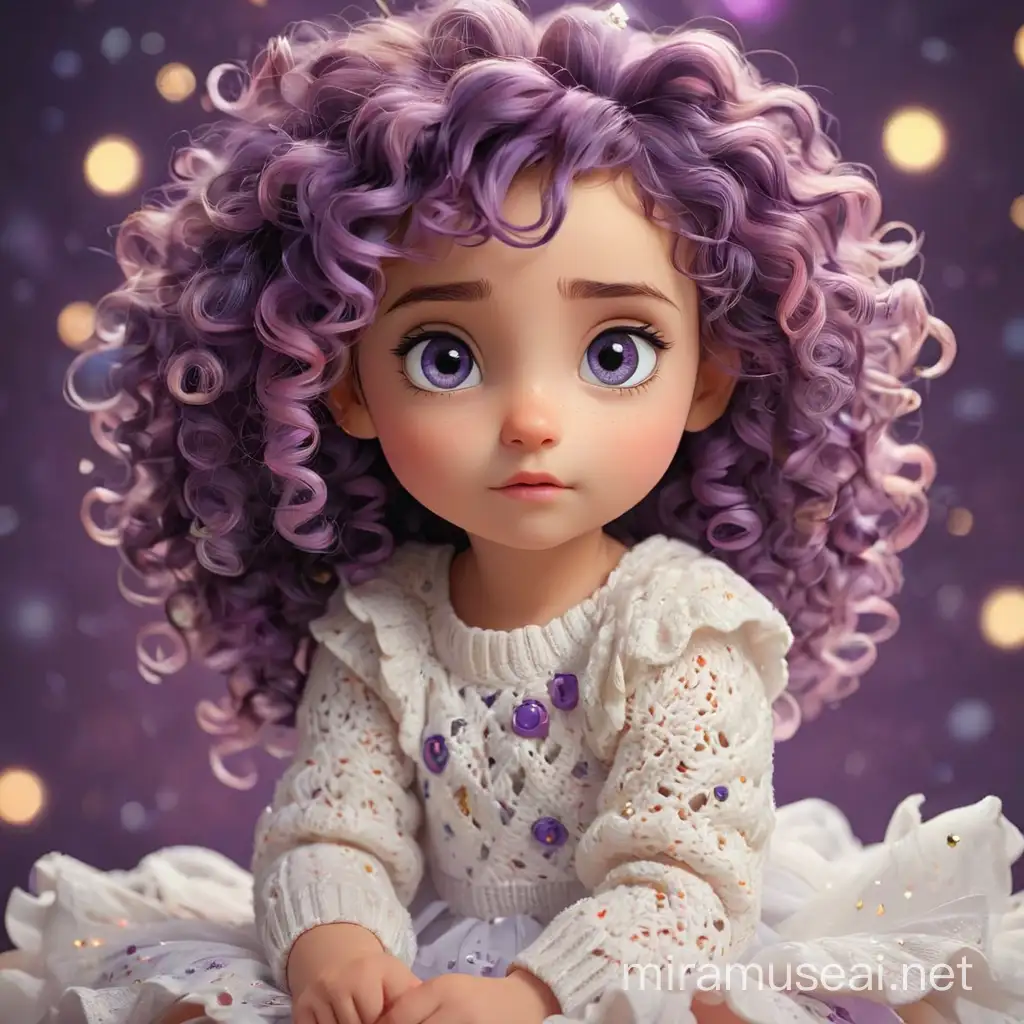 Adorable Girl with Big Purple Eyes Surrounded by Sparkling Stars