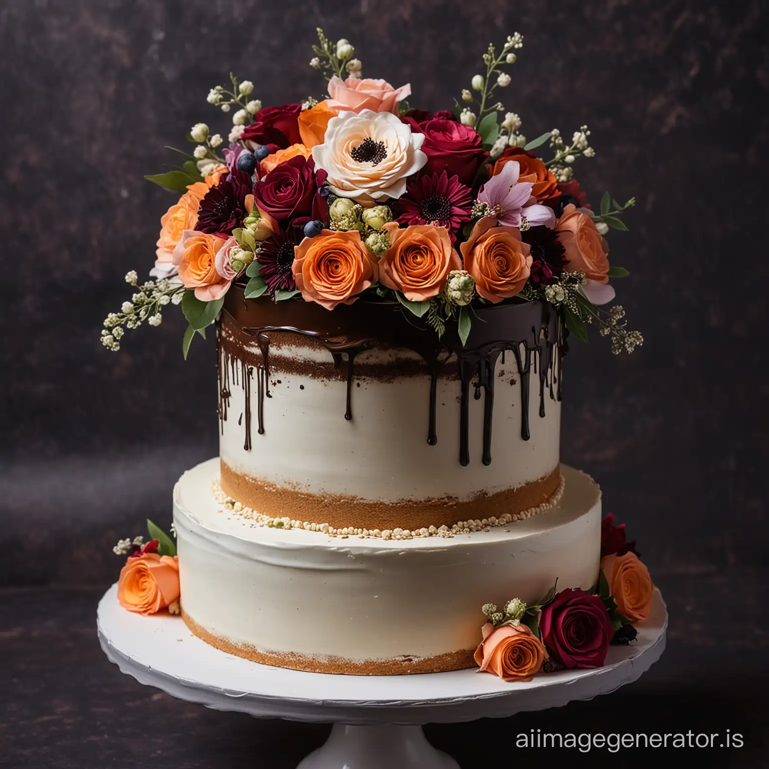 a top of wedding cake with flowers, dark color background