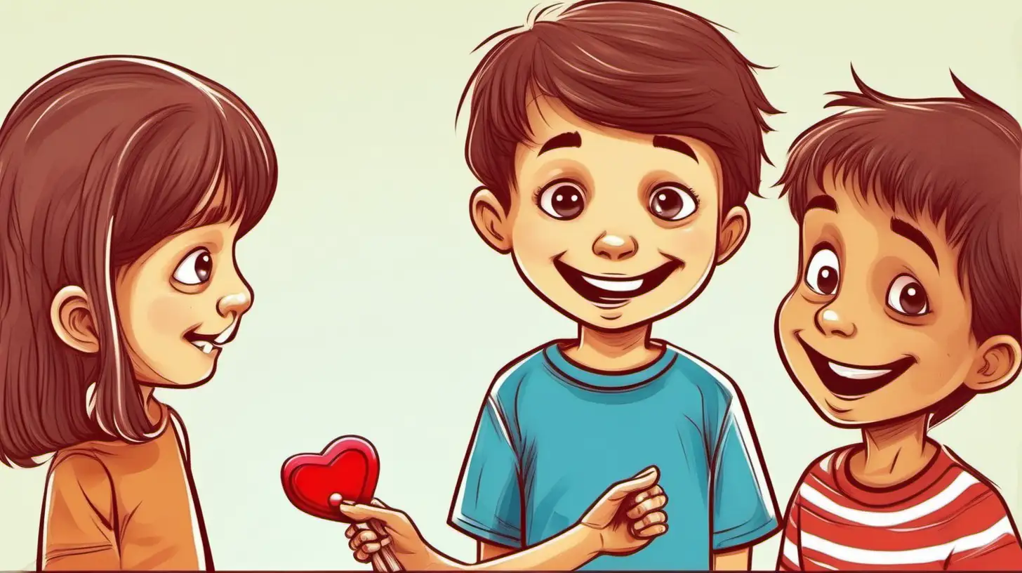 illustrate  ten years old female kid giving a red candy to a 10-year-old brown hair boy, day time