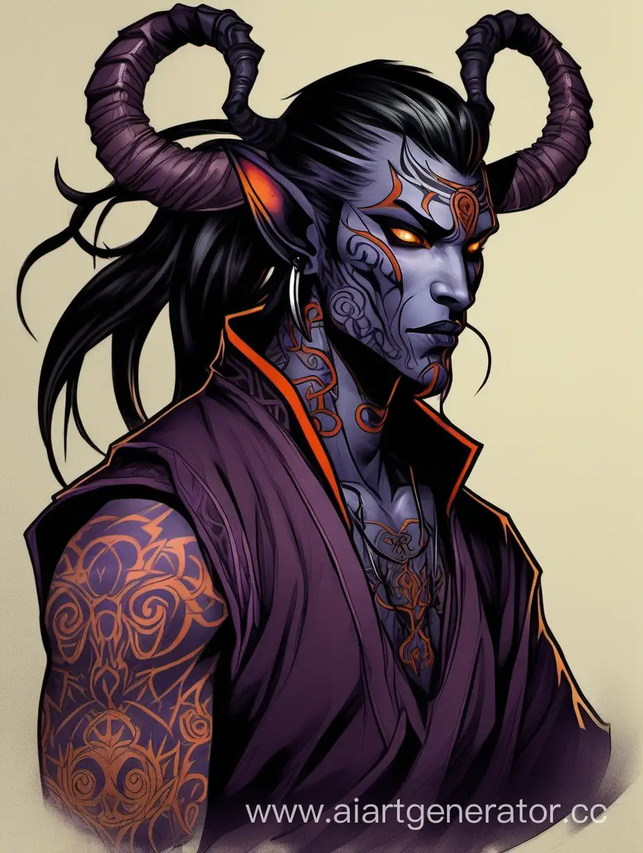 Tiefling; Male; 190 cm; athletic build; gray-violet skin; orange eyes; fangs; long black hair tied into a ponytail, shaved at the temples; black straight horns; a long tail; deep scars on the chin and temples; moko tattoo covers the chin, neck, temples and back of the head