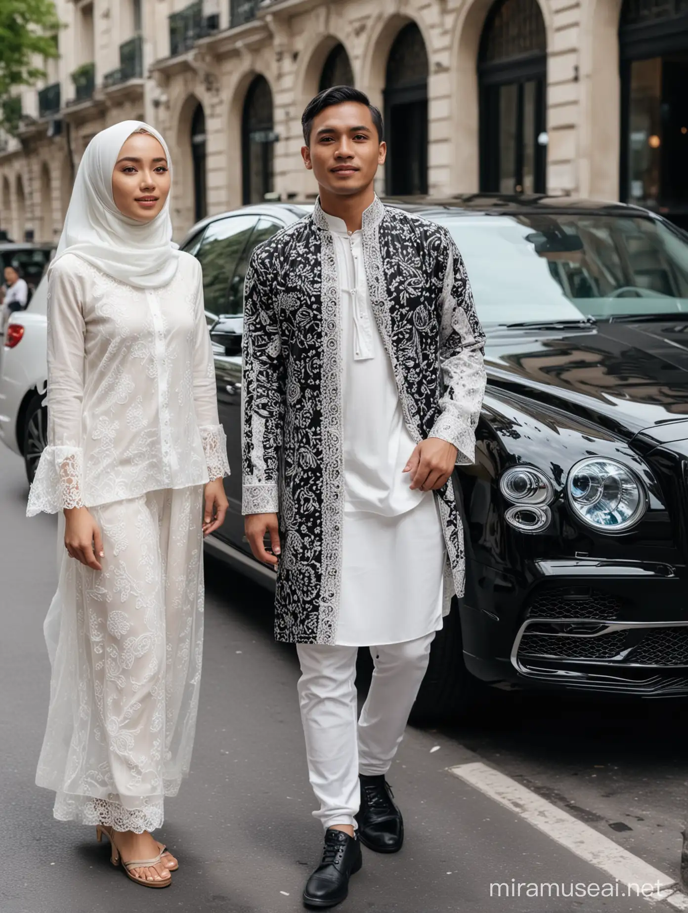 Pria Indonesia Berkemeja Batik Hitam Bersama Gadis Berhijab dan berkebaya Longgar Putih Berdiri Di Dekat Bentley Hitam Di Tengah Perkotaan Paris, Foto UHD, 16K