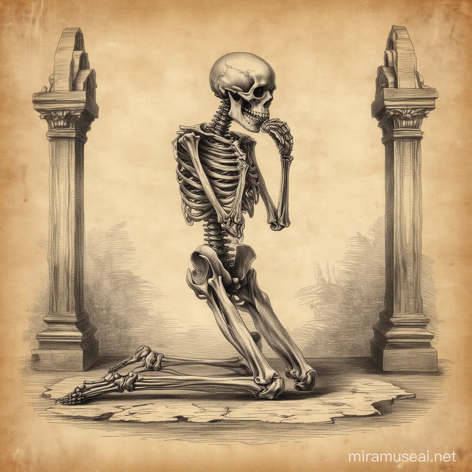 Vintage Sketch of a Skeleton Praying on Knees