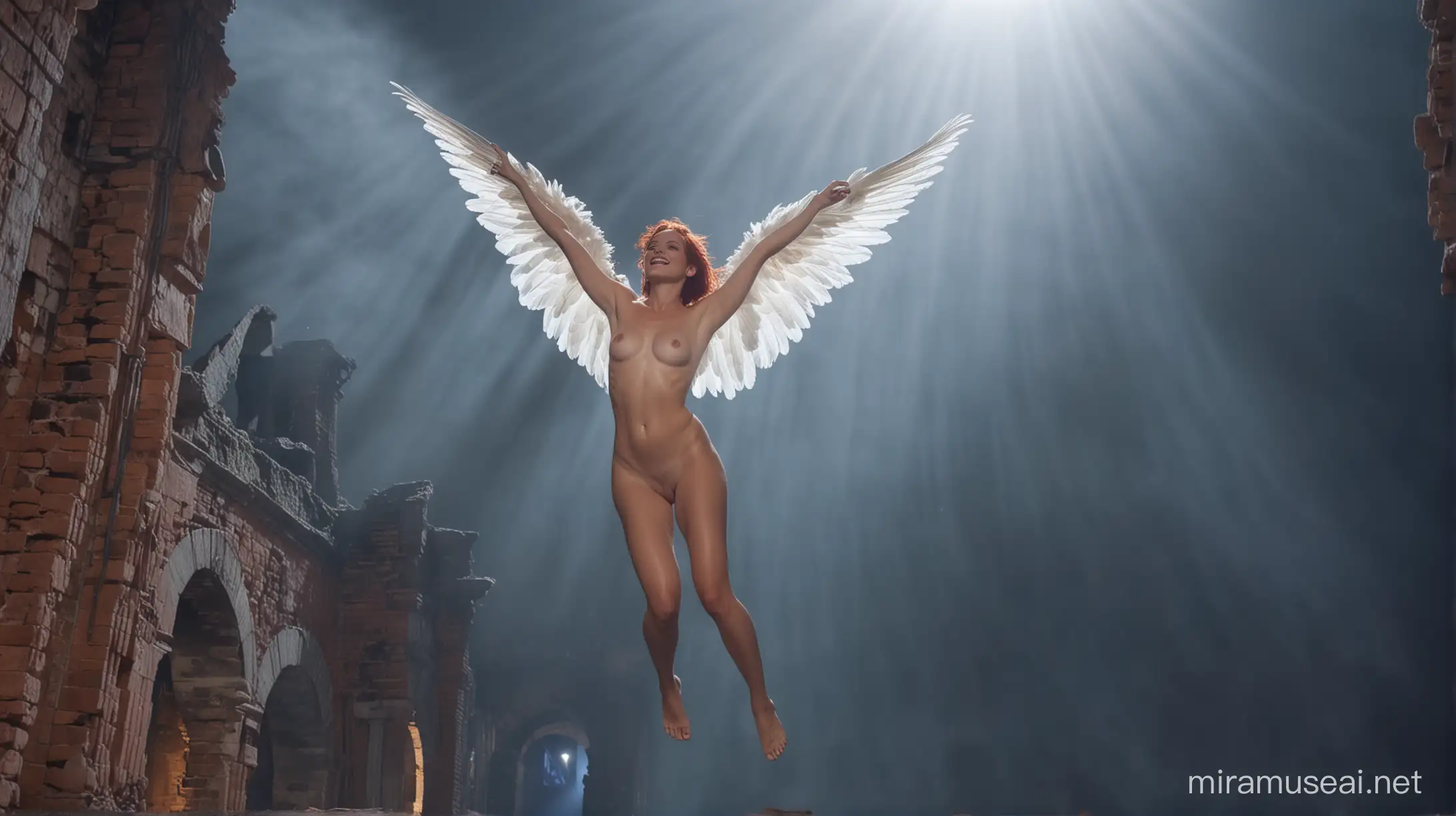 Smiling Naked Woman with Angelic Wings Soaring Above Ancient Ruins at Twilight