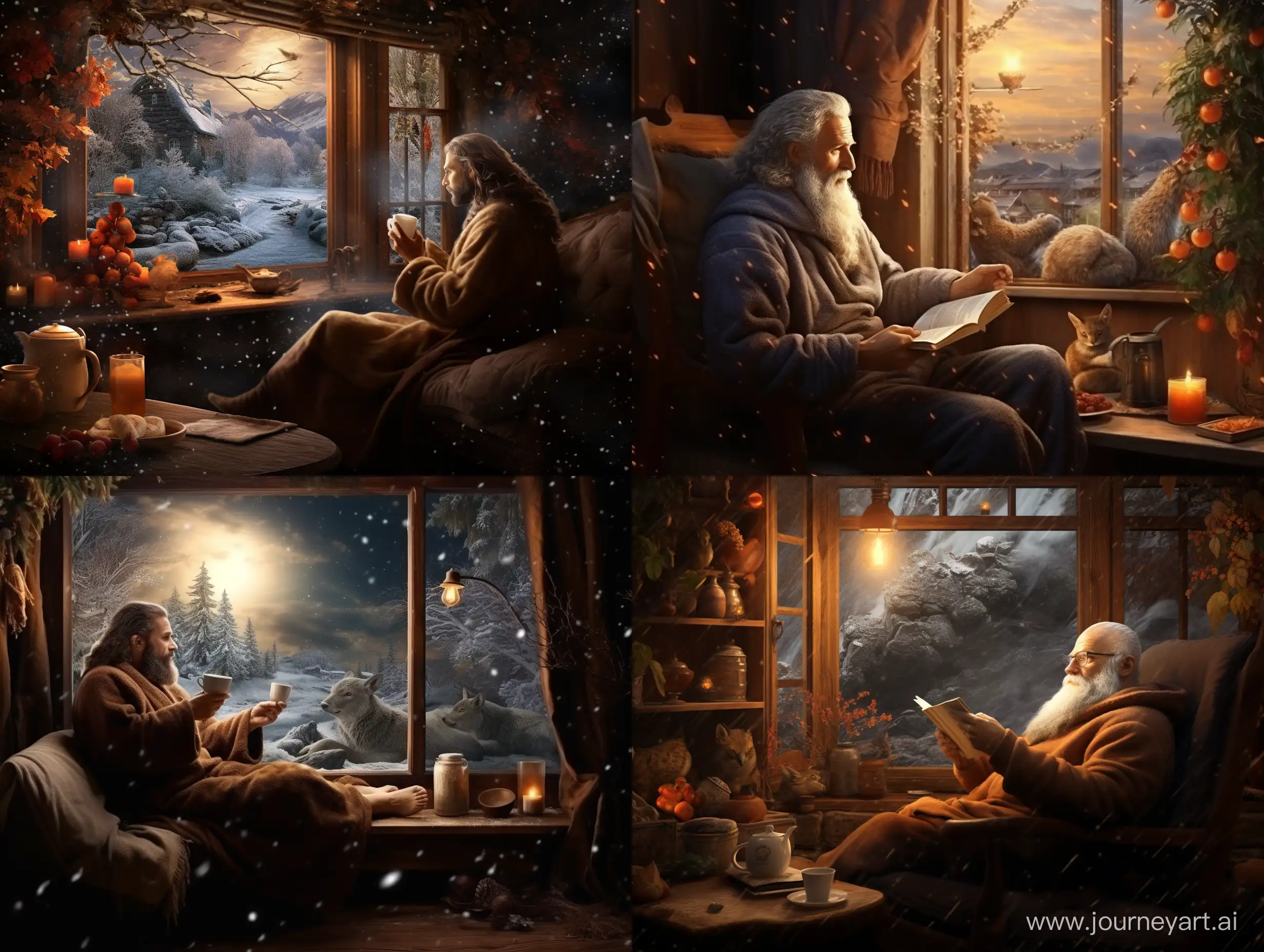 A man is sitting at home, in the warmth, looking out the window, there is a snowstorm outside the window. A man is sitting in a cozy armchair with a cup of hot tea in his handsJesus in the Garden of Eden --ar 4:3 --no 51028