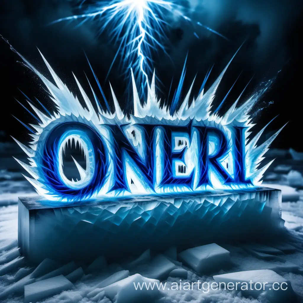 the inscription "Oneri" made of ice, storm background, blue fire, blue sparks